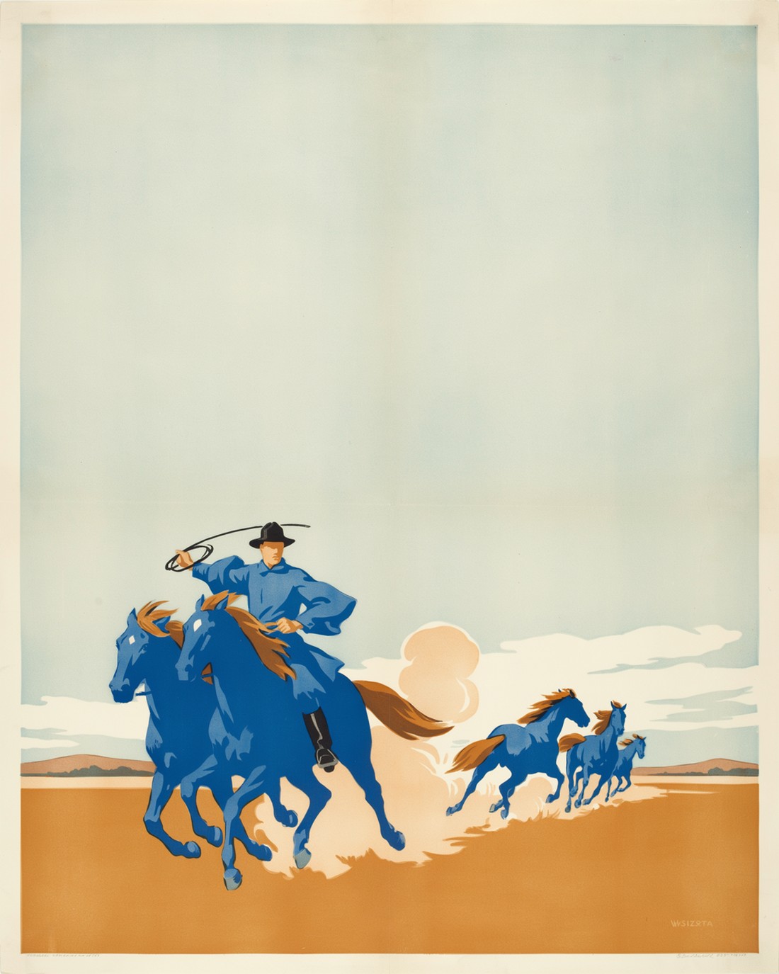 WPA-style illustration of a Hungarian csikos horseman in a flowing cobalt-blue costume and black hat standing astride two galloping horses and driving several more across the open golden puszta plain, dust rising