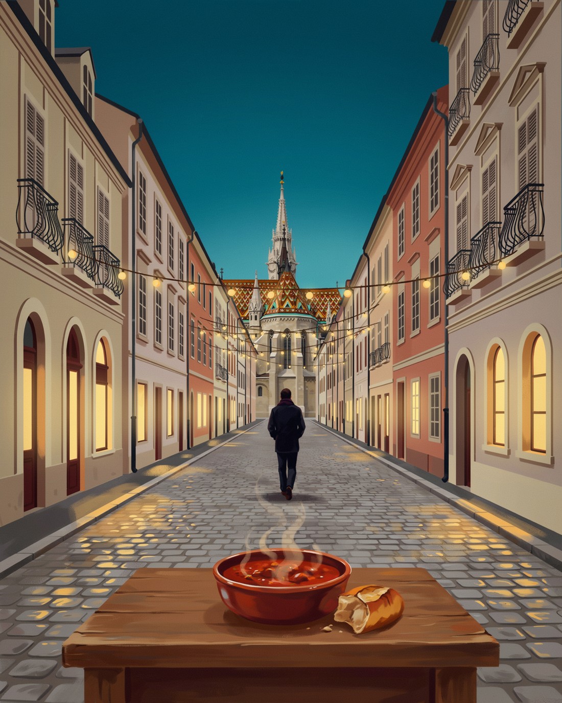 A quiet Budapest castle-district street at dusk with warm string lights overhead, pale stone townhouses with glowing windows, and the colorful diamond-tiled roof and slim spire of Matthias Church rising against a deep teal sky. A lone figure seen from behind walks away up the cobbled street toward the church, and in the foreground on a wooden table sits a steaming bowl of paprika-red goulash with a torn piece of bread beside it