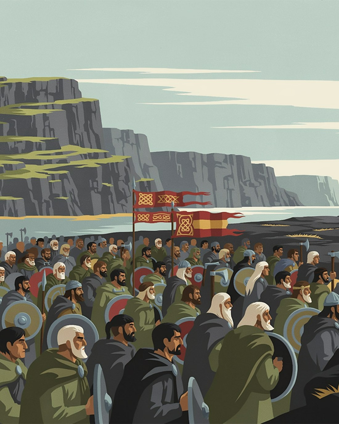 WPA-style illustration of a crowd of Norse chieftains and free folk with shields, spears and banners assembled among dramatic basalt cliffs on an open plain for the Althing