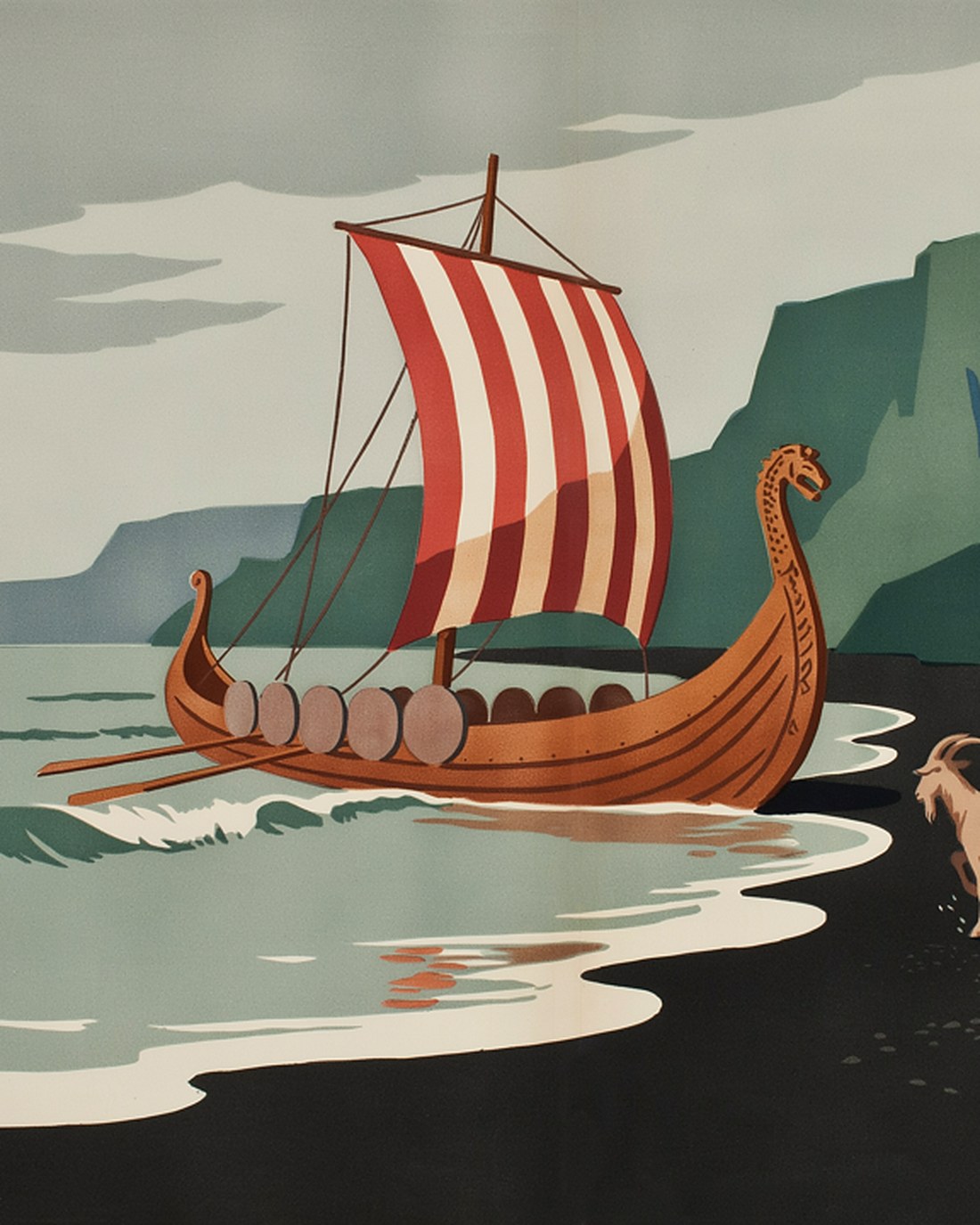 WPA-style illustration of a Viking longship with a striped sail and a carved prow sliding onto a black volcanic sand beach as settlers wade ashore with chests and livestock, green cliffs behind