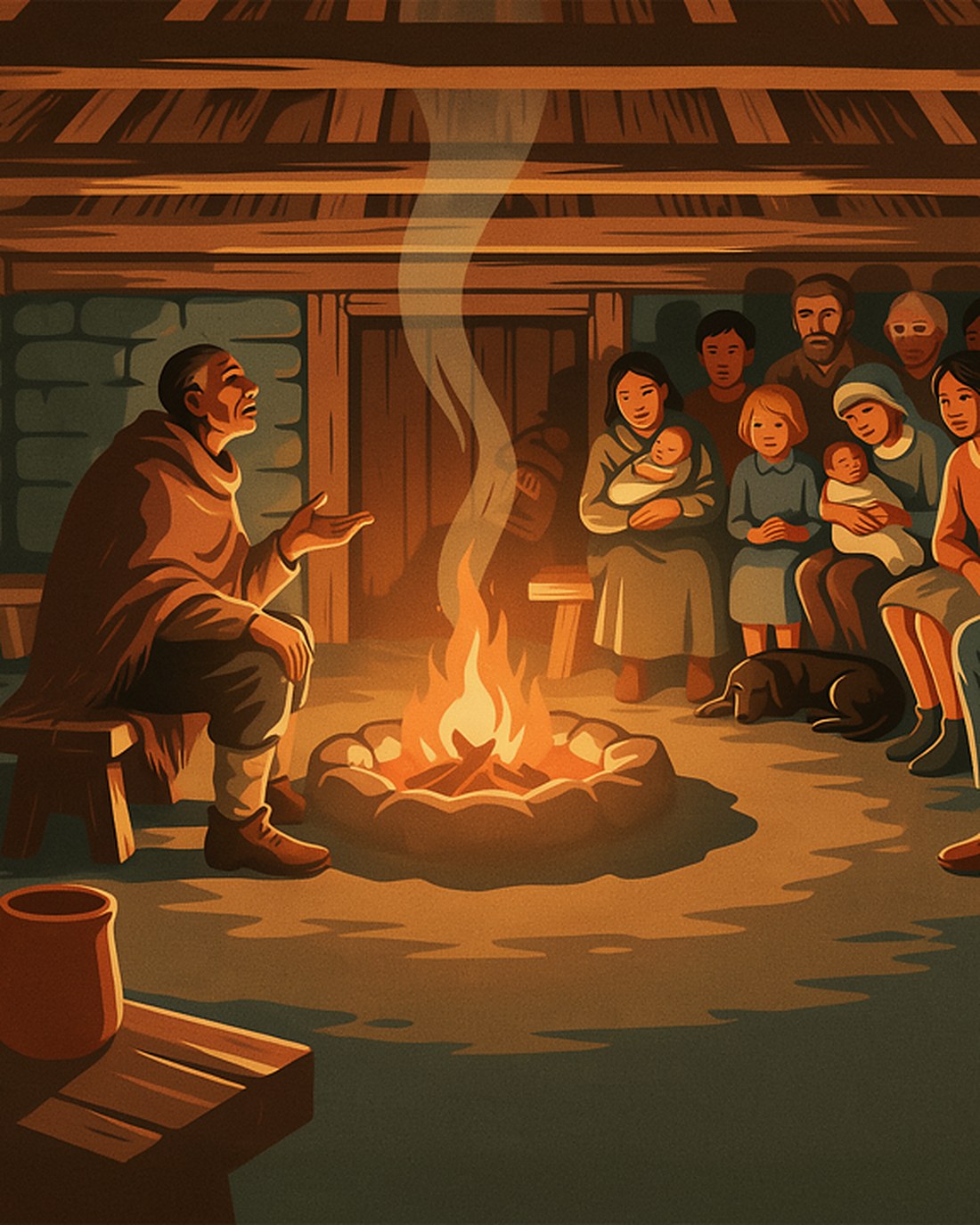 WPA-style illustration of an elder telling a story by a hearth fire inside a turf longhouse at night, listeners of all ages gathered close on benches in the warm firelight