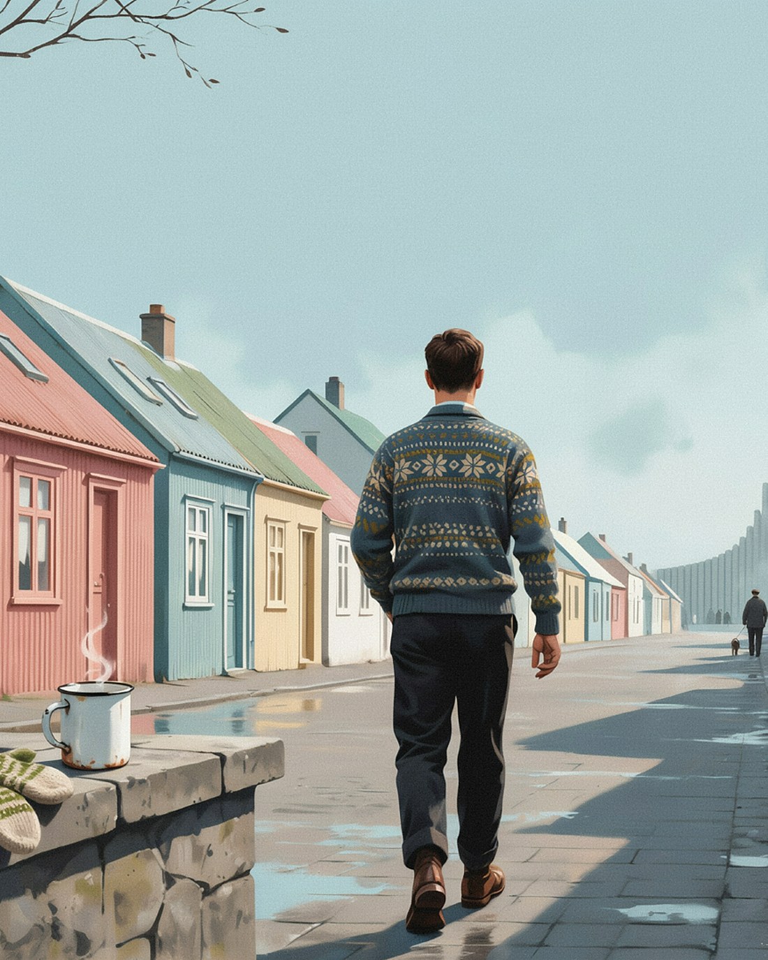 A quiet Reykjavik street lined with pastel corrugated-iron houses under a pale northern sky, a lone figure in a patterned Icelandic wool sweater walking away down the lane, a person walking a dog in the distance, and a steaming enamel mug of coffee beside a pair of hand-knitted wool mittens on a low stone wall in the foreground