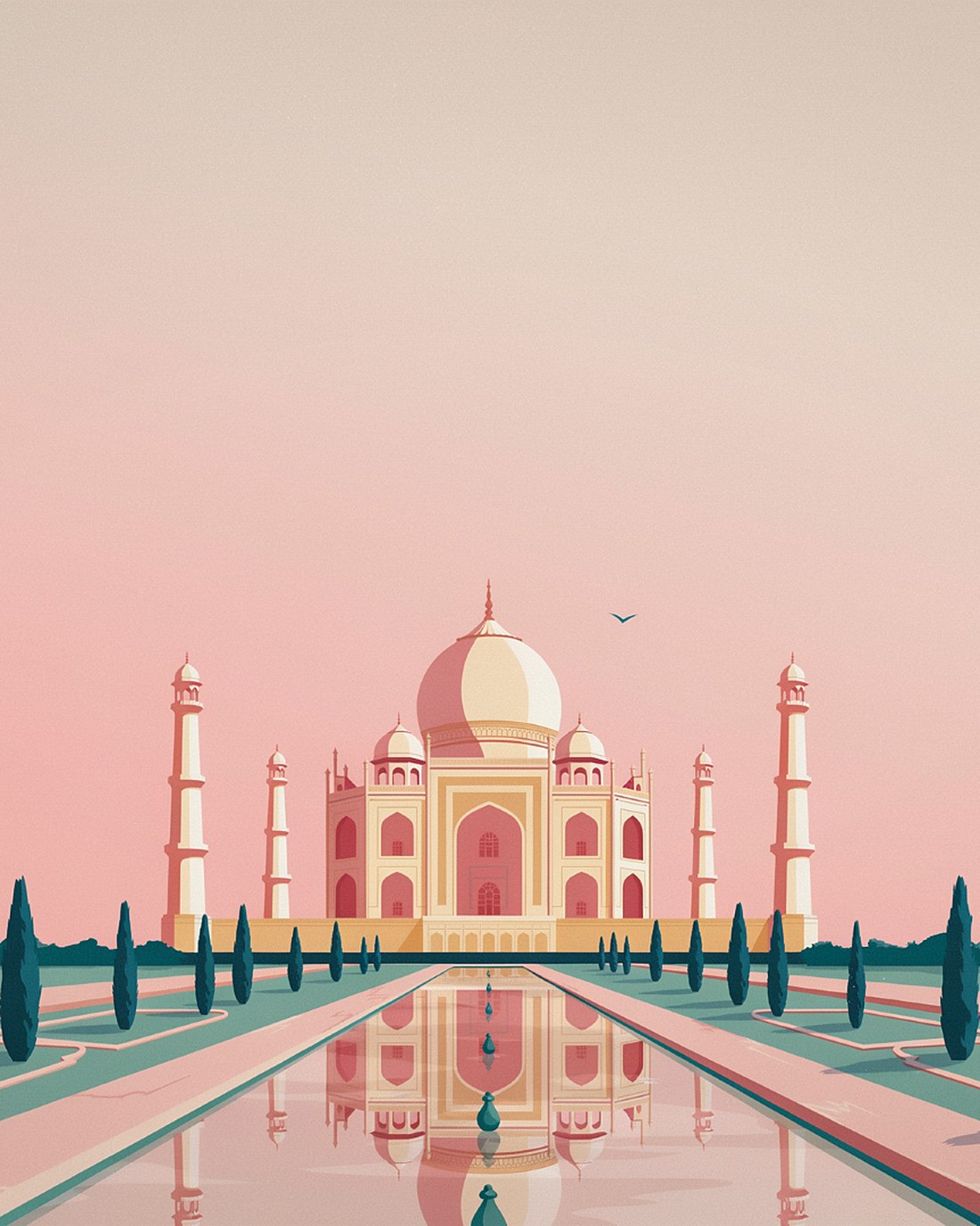 WPA-style illustration of the Taj Mahal in soft pink dawn light reflected in its long water channel