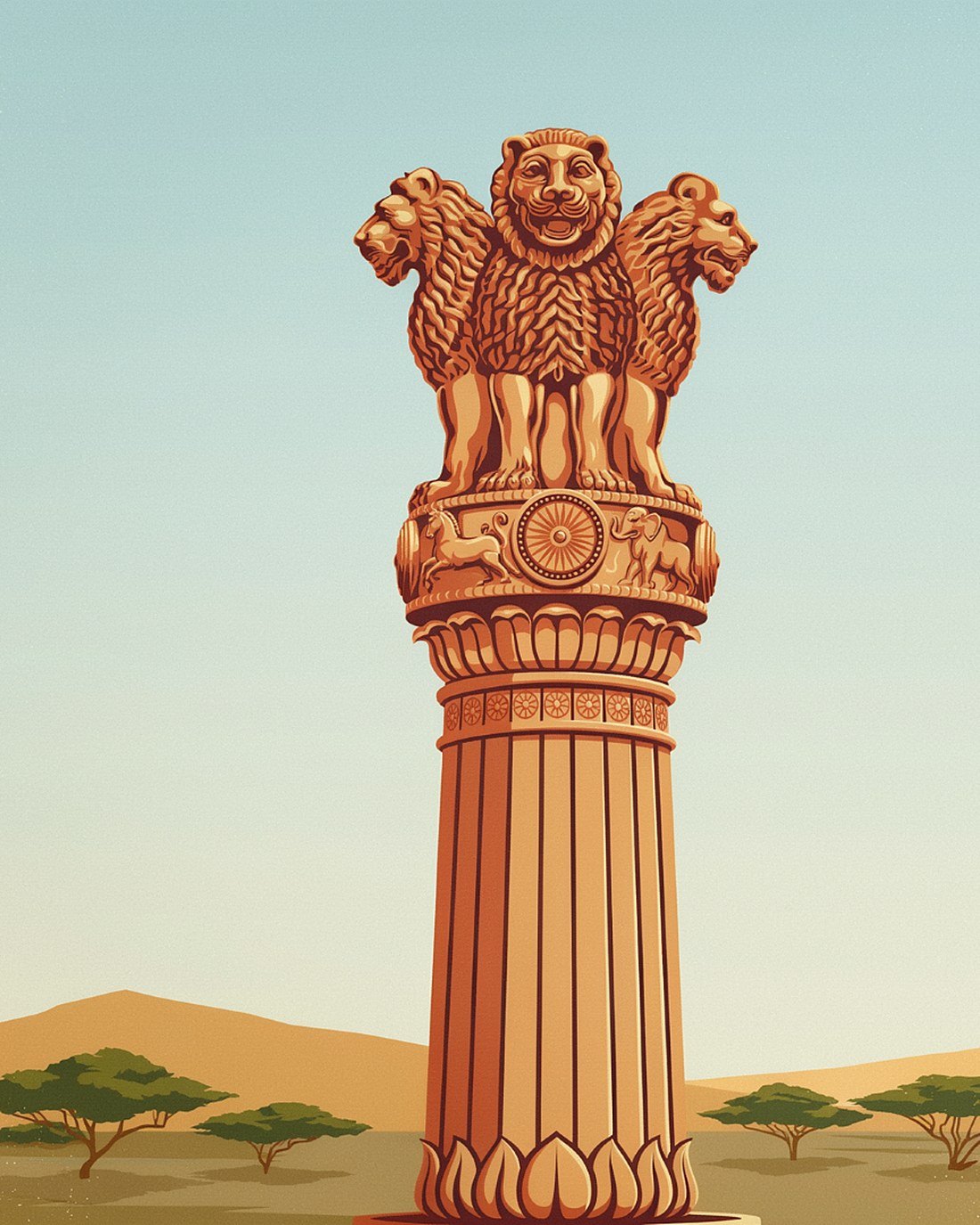 WPA-style illustration of the four-lion stone capital of Emperor Ashoka atop a pillar at dawn