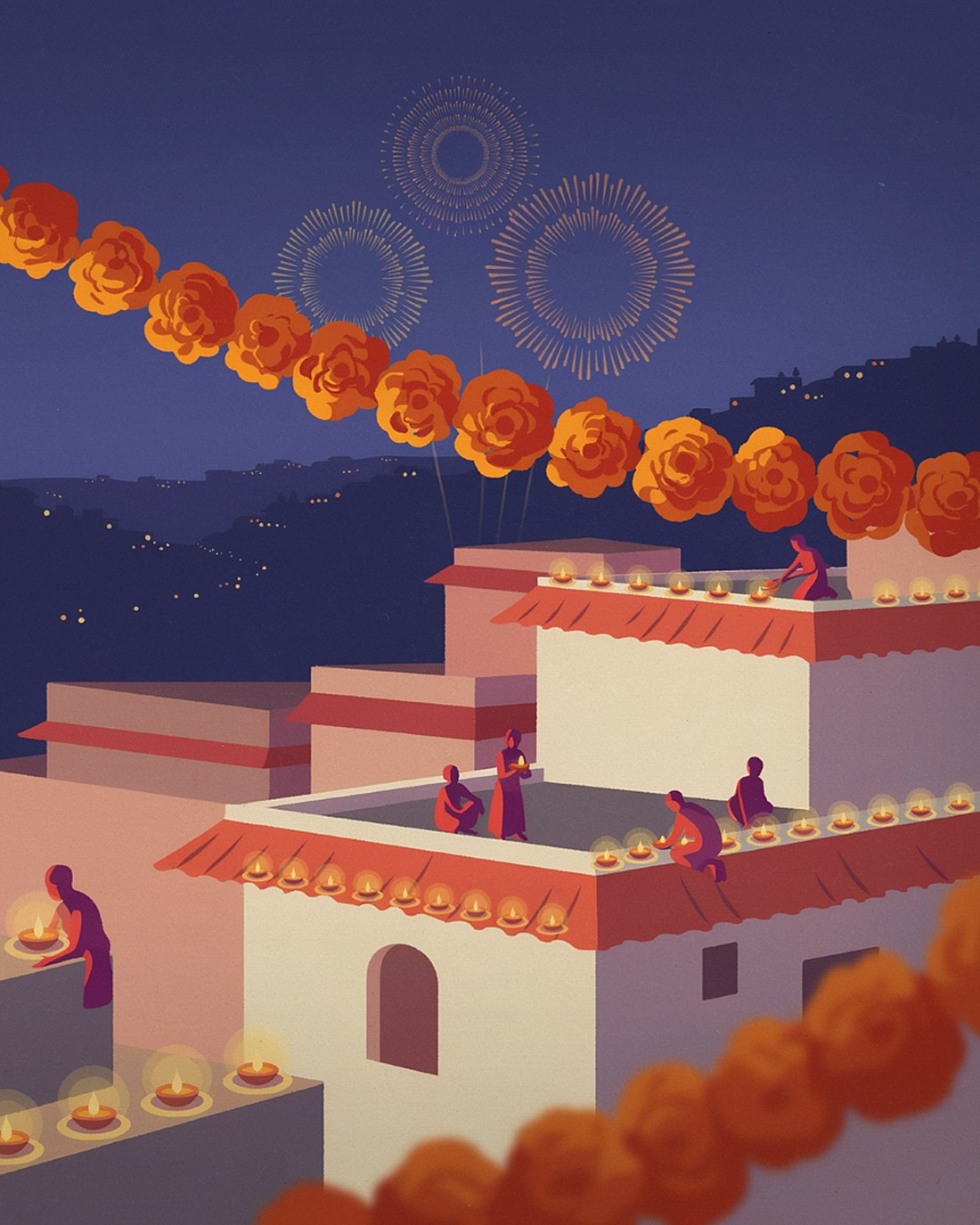 WPA-style illustration of a Diwali evening scene, rooftops and steps glowing with small oil lamps and marigold garlands