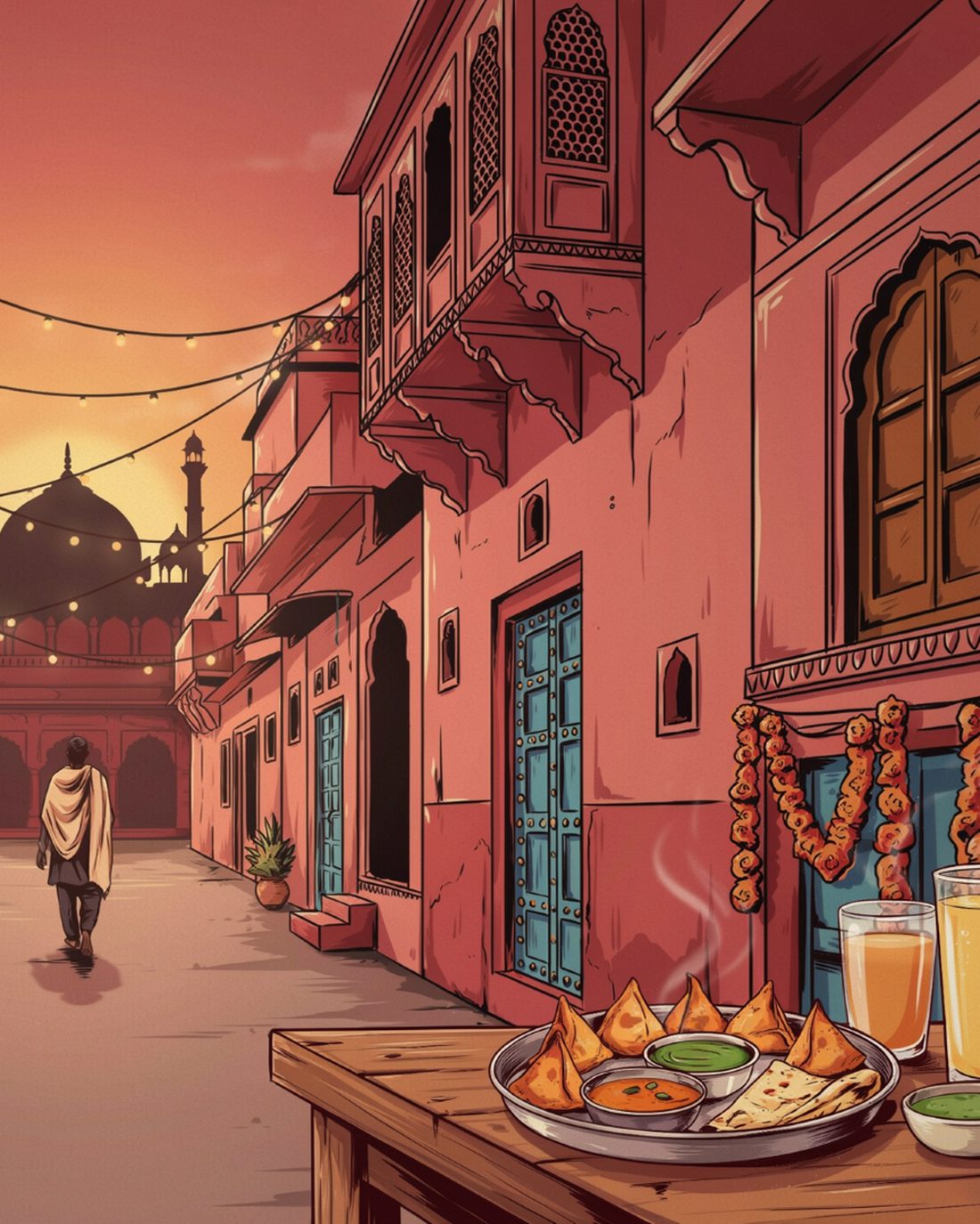 A rose-pink old-city street at sunset with carved balconies and jharokha windows, bright blue studded wooden doors, marigold garlands hanging along the walls, string lights overhead, a mosque dome and minaret silhouetted against the setting sun, a figure in white walking away up the lane, and a steel thali of samosas, chutneys and paratha beside two glasses of lassi on a wooden table in the foreground