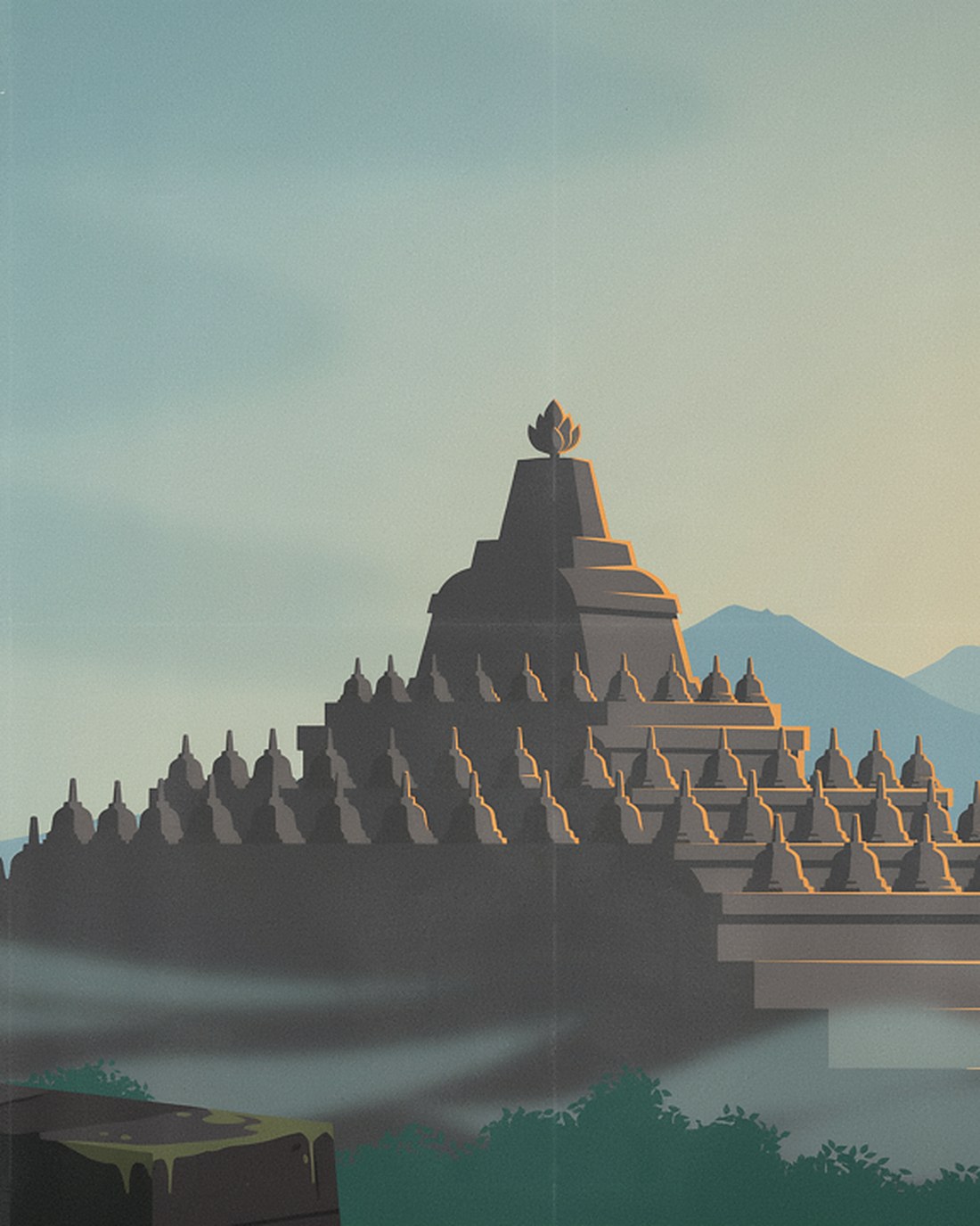 WPA-style illustration of the vast terraced Buddhist temple of Borobudur emerging from morning mist at dawn, rows of bell-shaped stone stupas in silhouette, distant volcanoes and palms