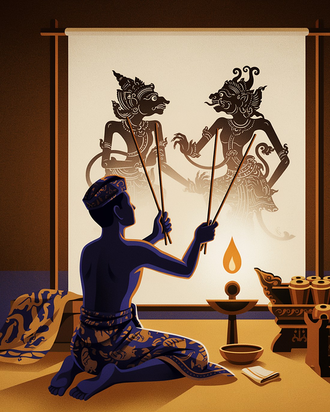 WPA-style illustration of a shadow-puppet master seated behind a glowing screen working intricate leather puppets by lamplight, ornate silhouettes cast on the screen, gamelan instruments beside him