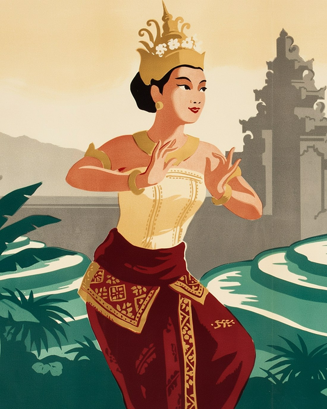 WPA-style illustration of a Balinese dancer in a gilded headdress and crimson brocade sarong poised mid-gesture with expressive hands, a carved temple gate and green rice terraces behind