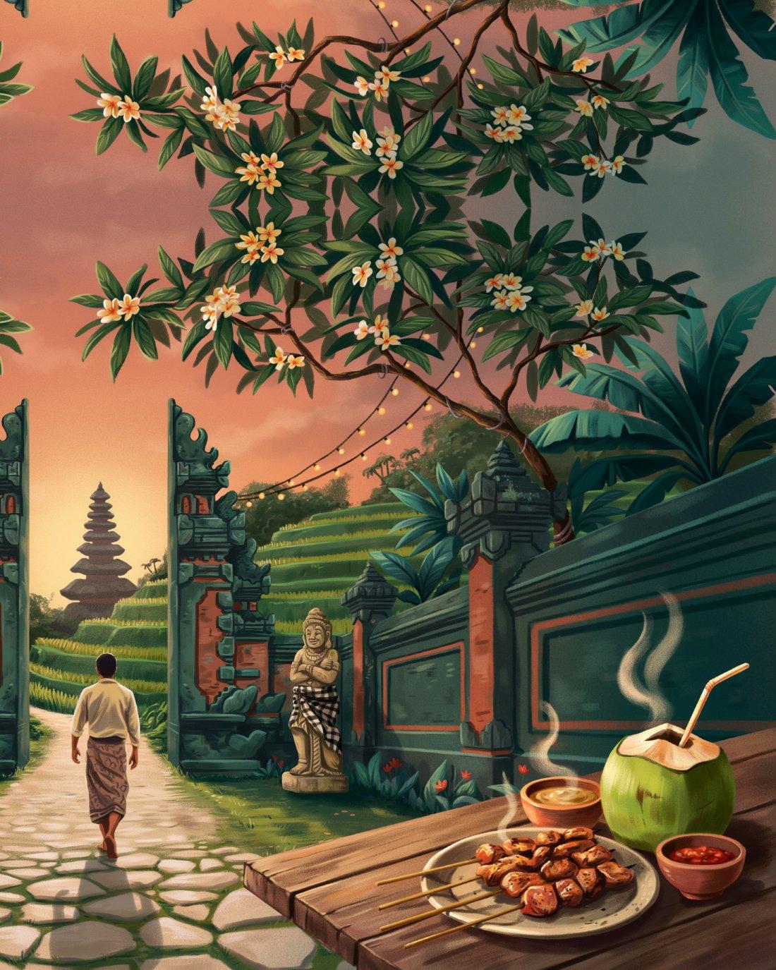 A Balinese temple gate at dusk framed by a plumeria tree in bloom, string lights strung between the branches, stone guardian statues in checked cloth on either side of the split gate, a lone figure walking away up a stone path toward terraced rice fields and a distant temple silhouette, and a wooden table in the foreground with grilled satay skewers, a bowl of peanut sauce, a bowl of sambal and a young coconut with a straw