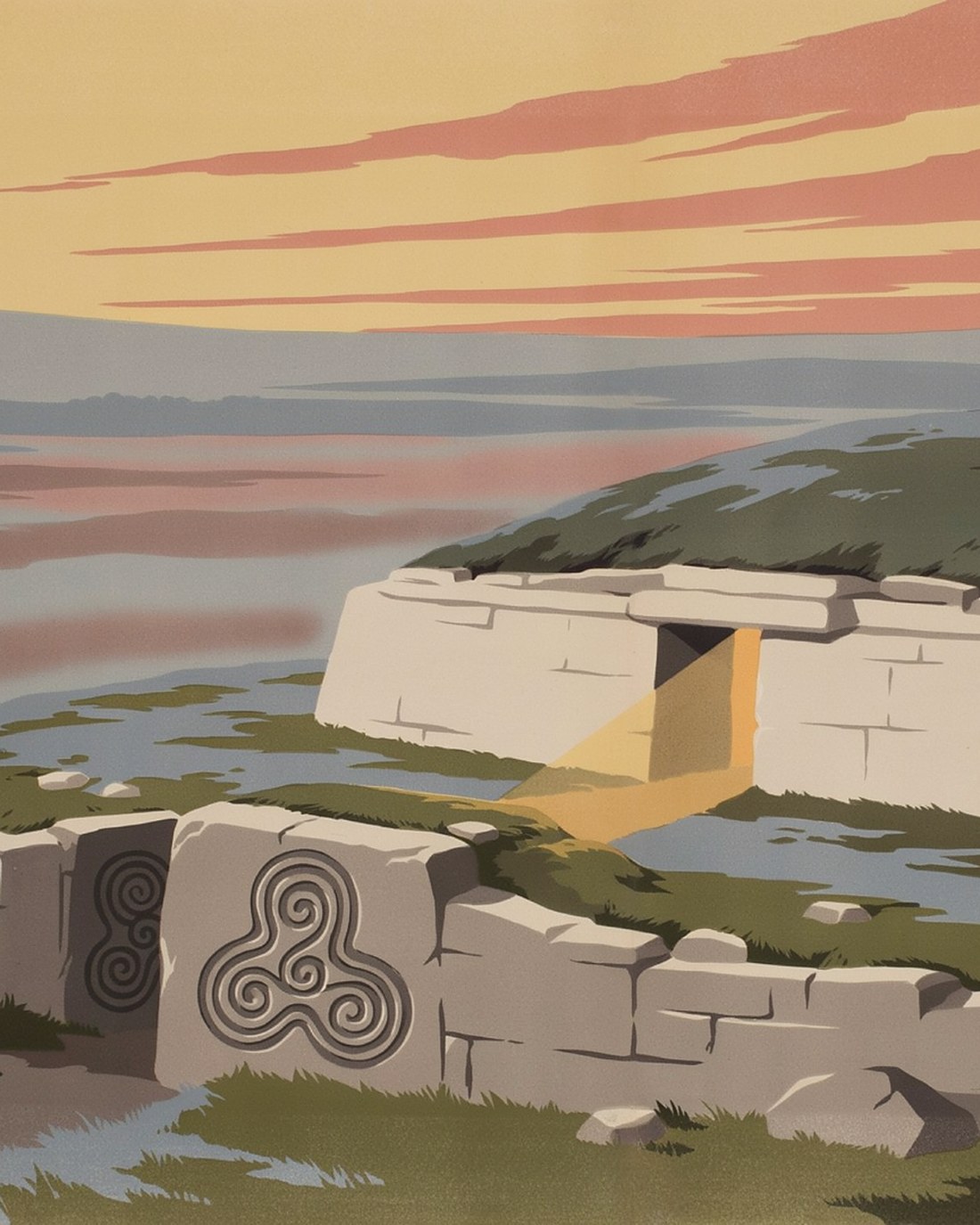 WPA-style illustration of the Neolithic passage mound of Newgrange at dawn, a spiral-carved stone in front and a shaft of golden light at the entrance, green Boyne valley beyond