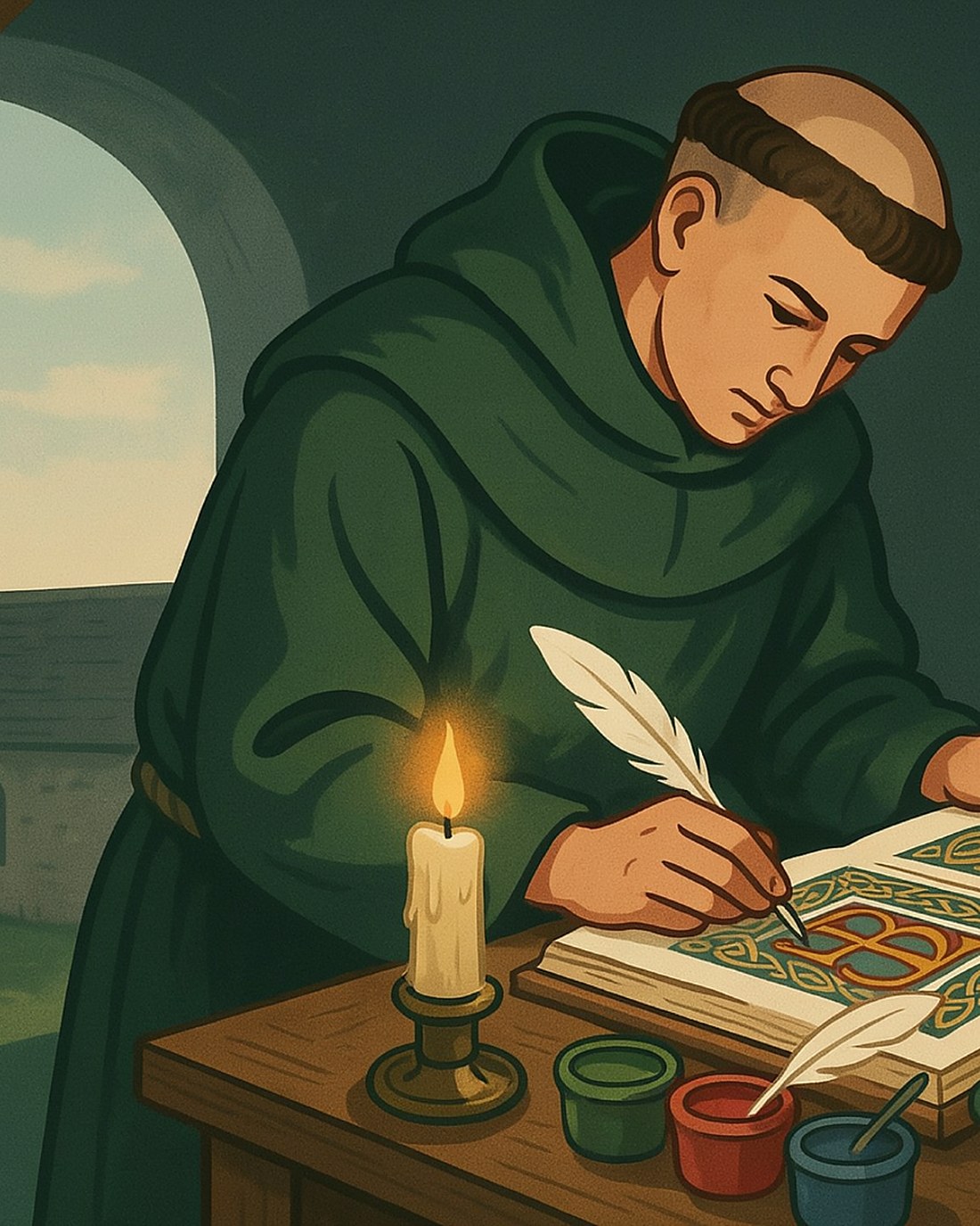 WPA-style illustration of a tonsured Irish monk in a green robe illuminating a Gospel page with Celtic knotwork by candlelight, a round tower through the window