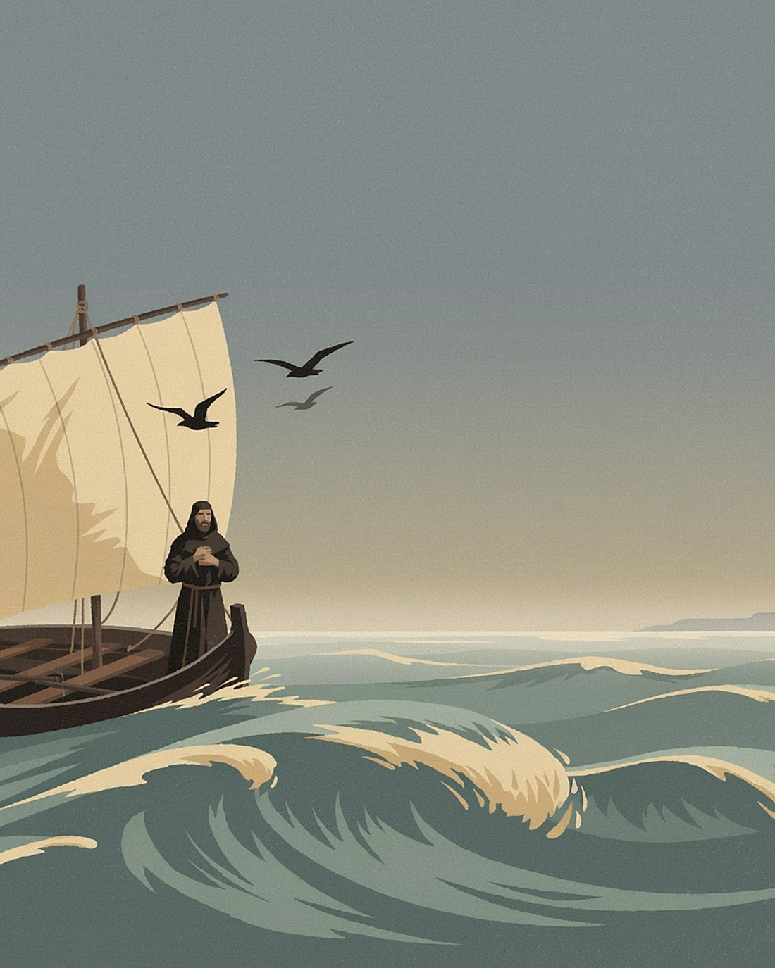 WPA-style illustration of a robed monk in a small leather boat under a single sail on a wild grey-green Atlantic at dawn, gazing west