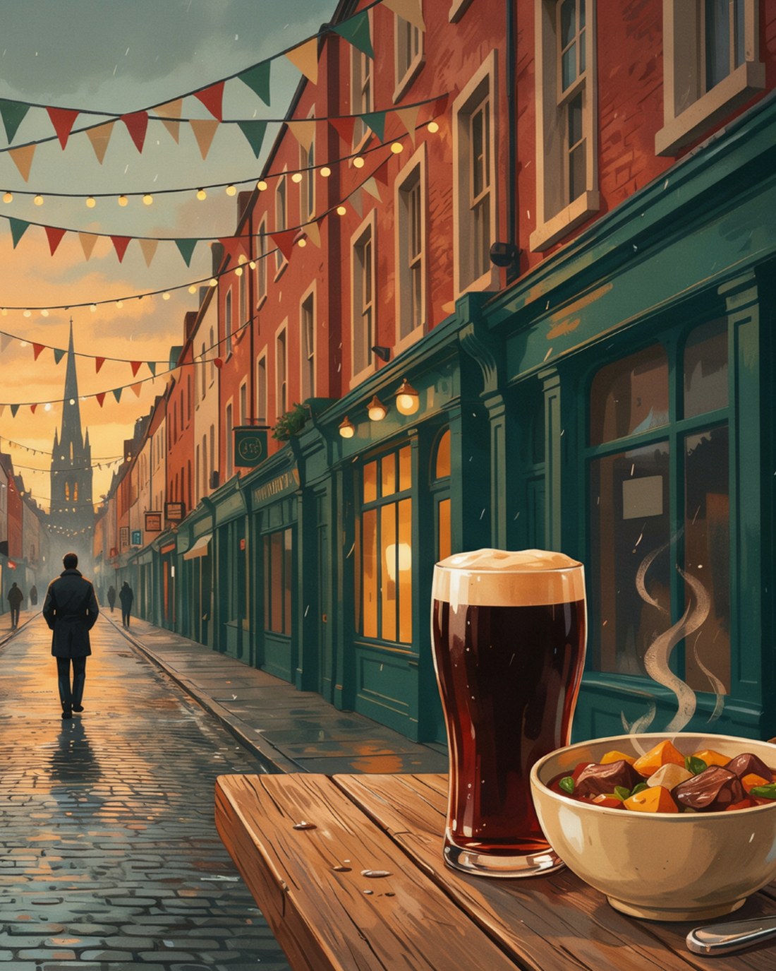 A rain-sheened old town street in Dublin, Ireland at dusk, with deep green and red painted pub fronts, warm brick and glowing windows, triangular bunting and string lights overhead, a lone figure in a dark coat walking away down a wet cobblestone street toward the silhouette of a cathedral spire against an amber sunset, and a pint of dark stout, a bowl of hearty stew and a slice of brown bread on a wooden table in the foreground