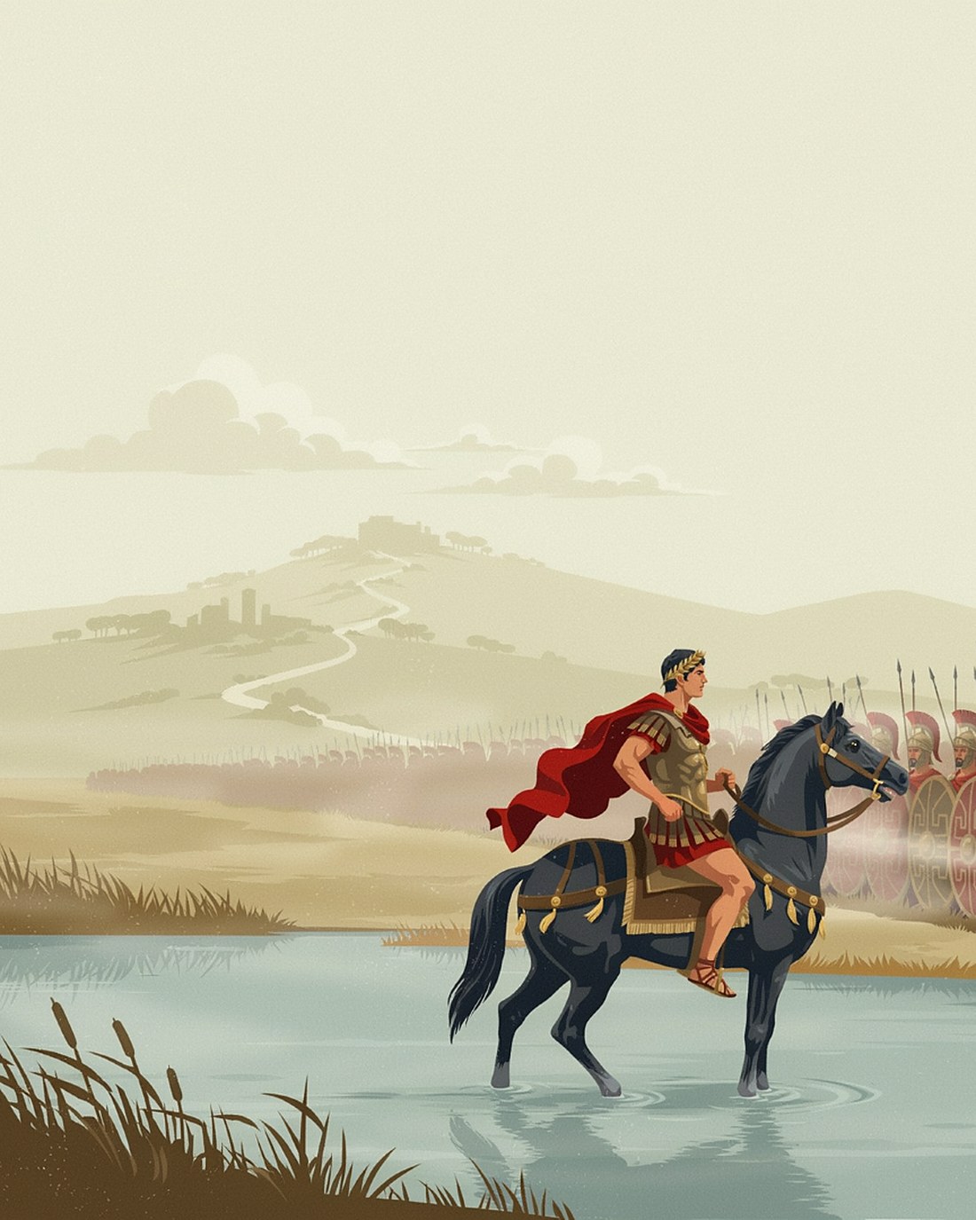 WPA-style illustration of Julius Caesar on horseback at the edge of the Rubicon river at dawn, a Roman legion with standards massed behind him