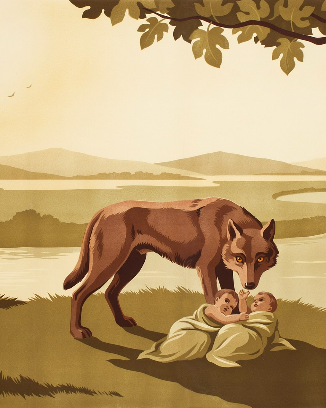 WPA-style illustration of the she-wolf of Rome standing over the infant twins Romulus and Remus on the bank of the Tiber