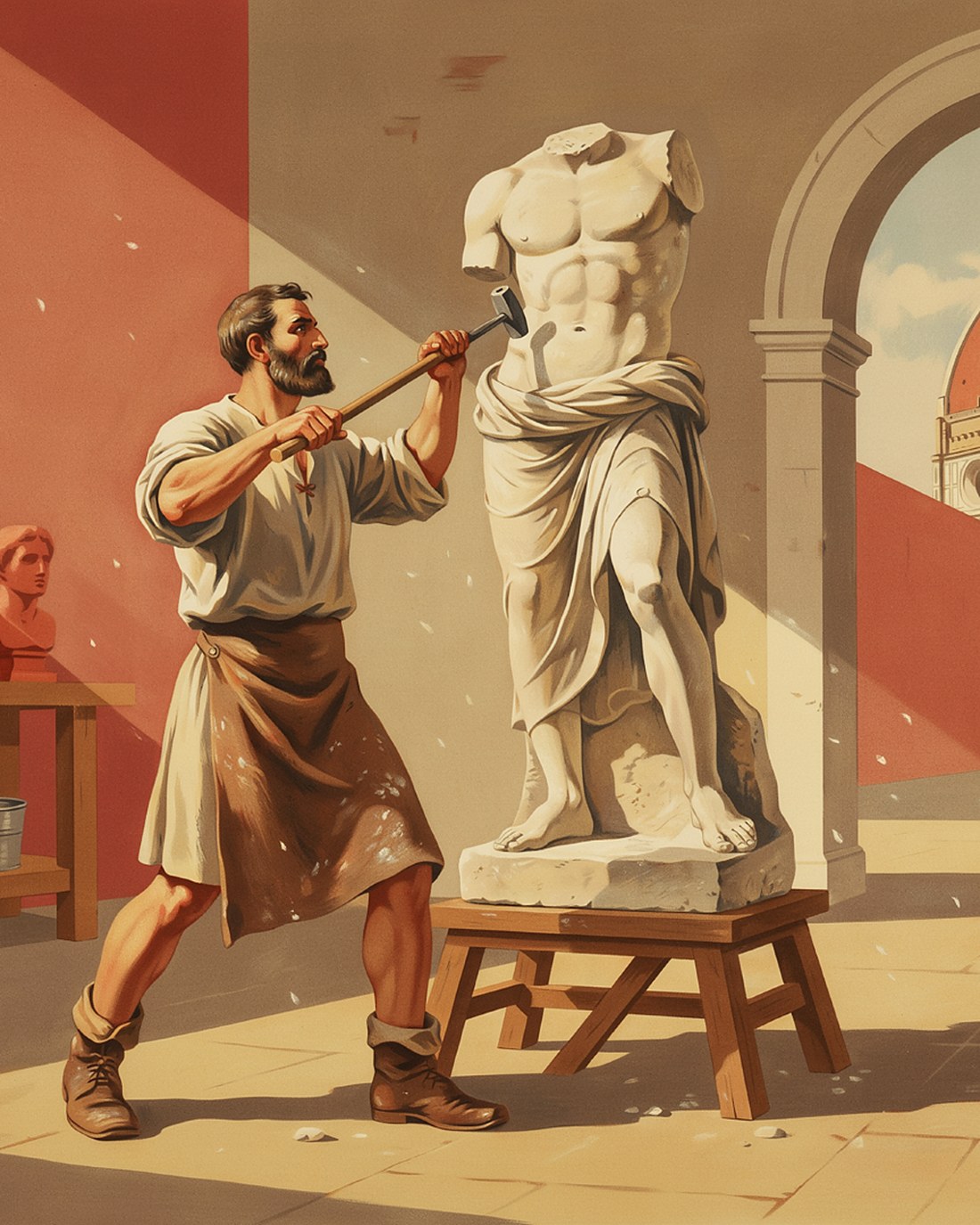 WPA-style illustration of a Renaissance sculptor carving a marble figure in a sunlit Florentine workshop, the dome of the Duomo beyond