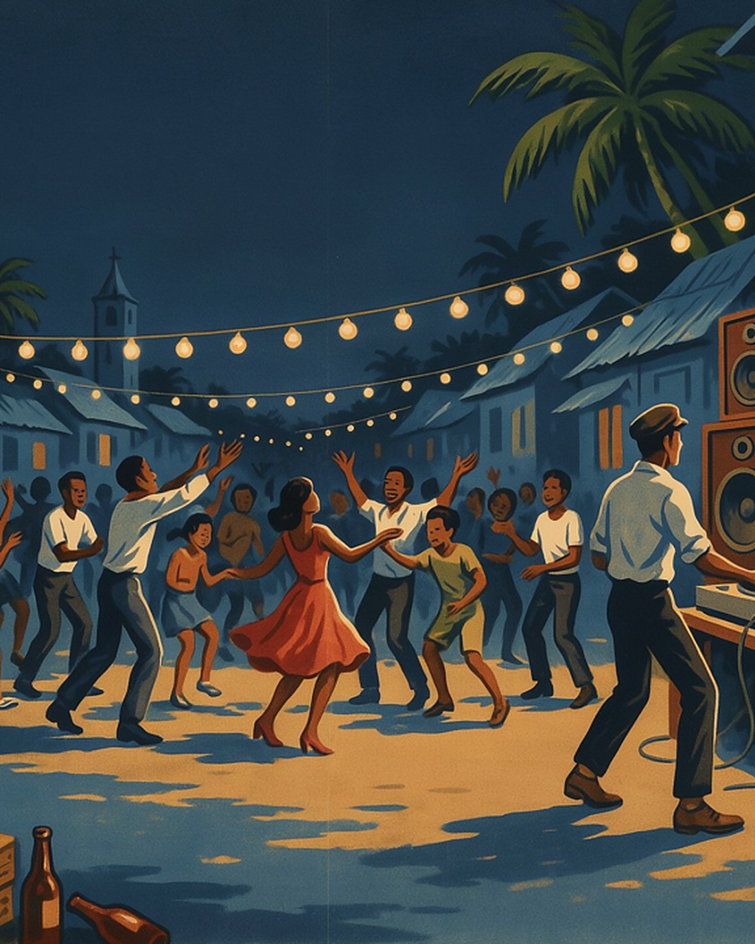 WPA-style illustration of a nighttime street dance around a towering stack of reggae sound-system speakers, a selector at the turntables, people dancing under warm string lights, a tropical town behind
