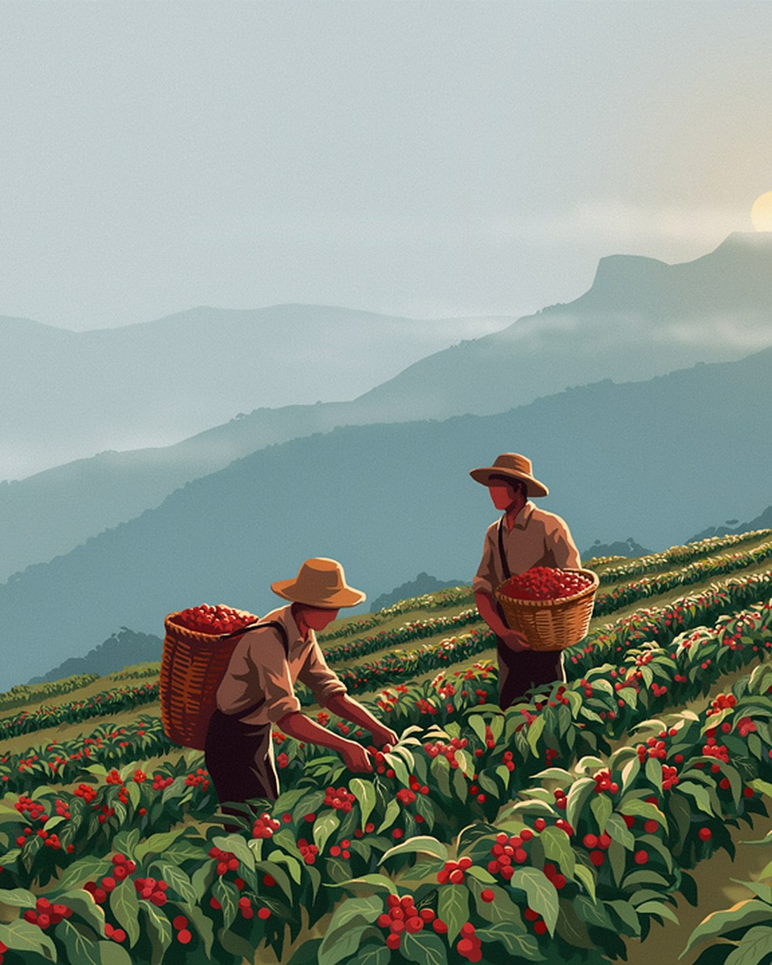 WPA-style illustration of two coffee pickers in straw hats with woven baskets among rows of red-cherry coffee bushes on the misty slopes of the Blue Mountains at morning