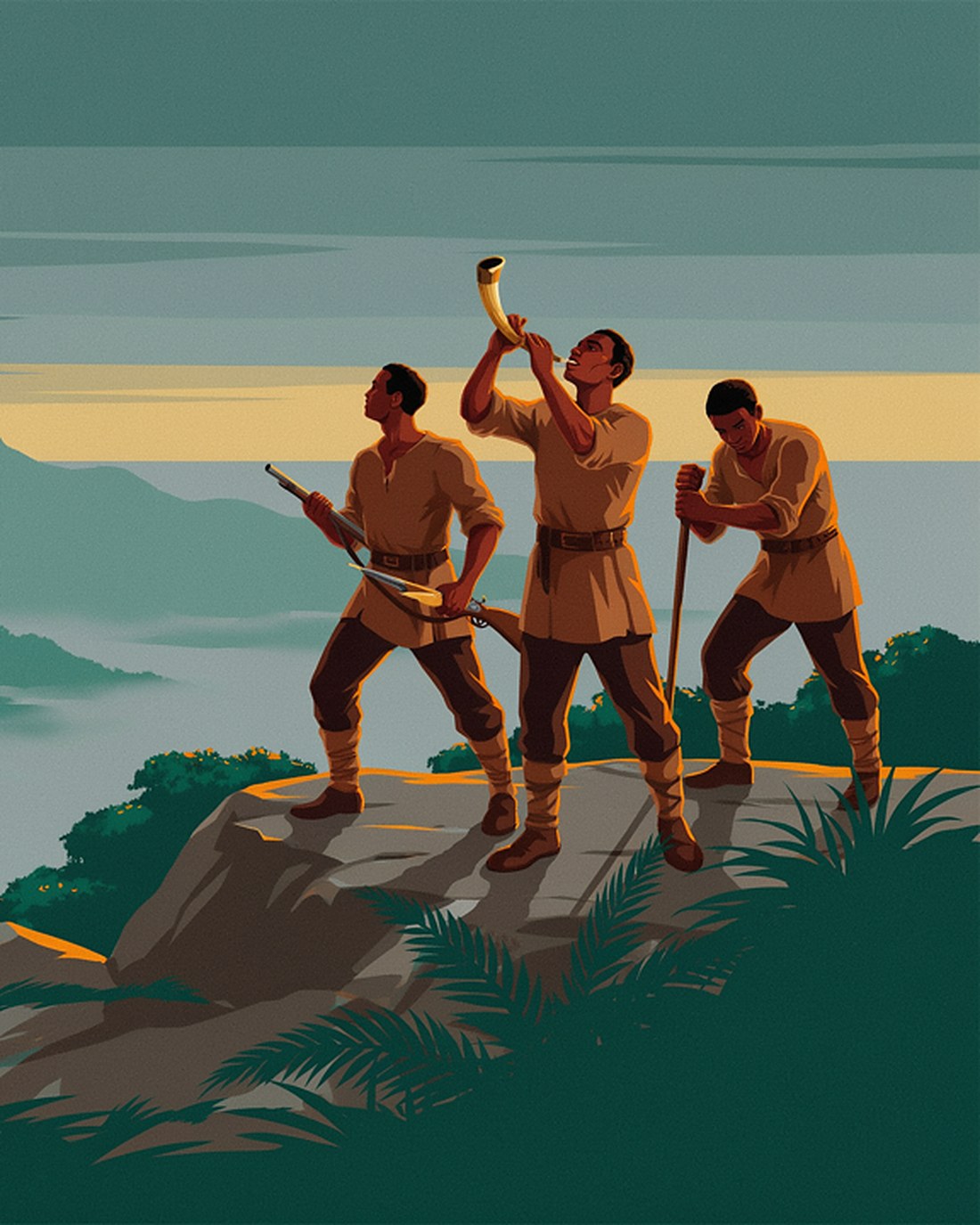 WPA-style illustration of triumphant Maroon fighters standing on a misty ridge in rugged green hills, one raising a cow-horn to sound the call, dawn breaking behind them
