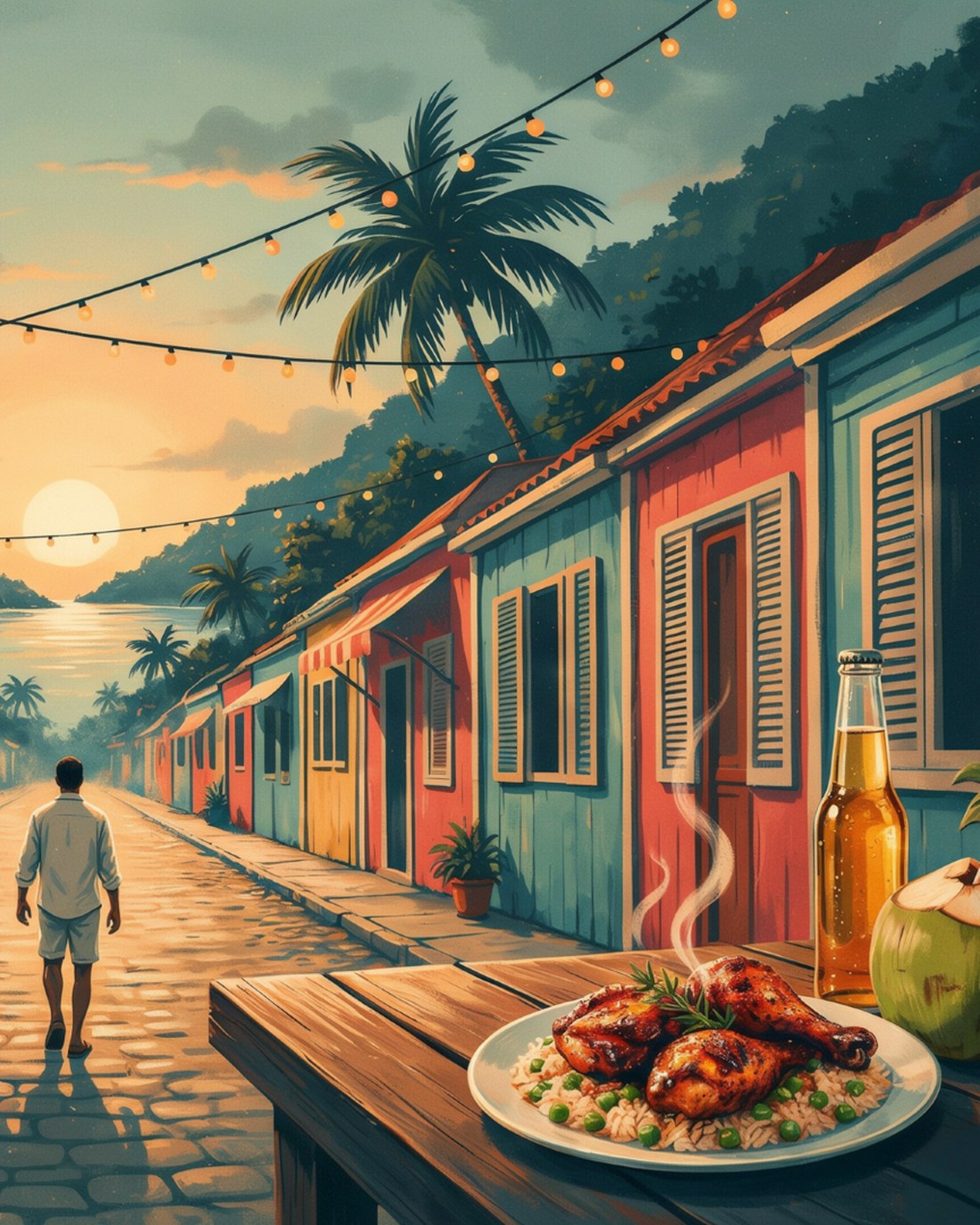 A colorful seaside town street in Jamaica at dusk, with brightly painted wooden clapboard buildings in teal, coral and yellow, palm trees and string lights overhead, a lone figure walking away down a cobblestone street toward a calm bay glowing under an amber sunset, and a plate of jerk chicken with rice and peas, a golden lager and a fresh green coconut with a straw on a wooden table in the foreground