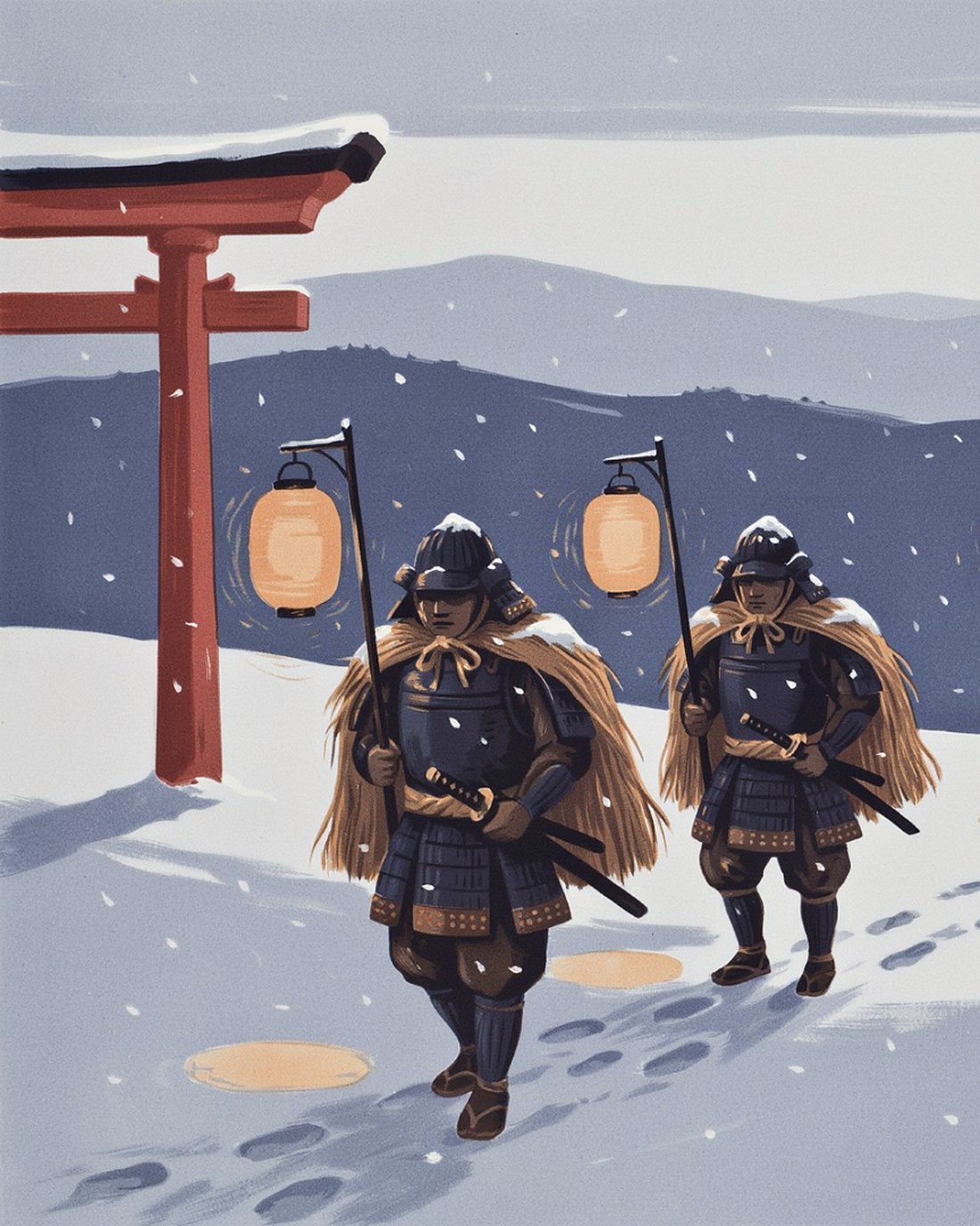 WPA-style illustration of the forty-seven ronin marching in single file through falling snow at night with paper lanterns