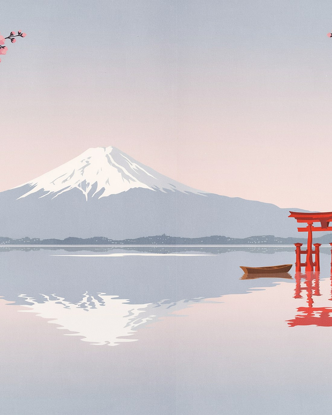WPA-style illustration of Mount Fuji beyond a calm lake with a red torii gate and cherry blossoms in bloom