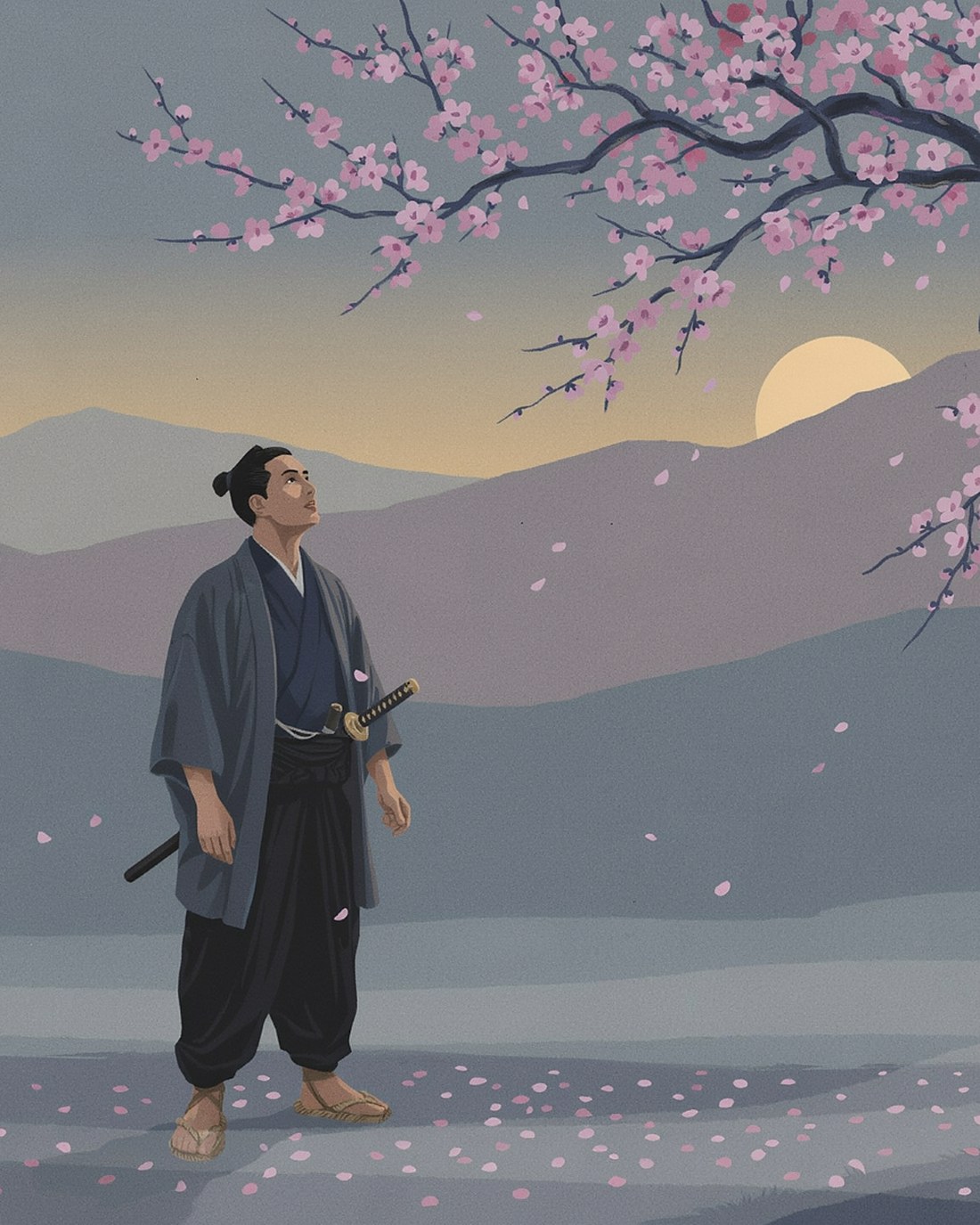 WPA-style illustration of a lone samurai standing in calm readiness at dawn beside a blossoming plum tree