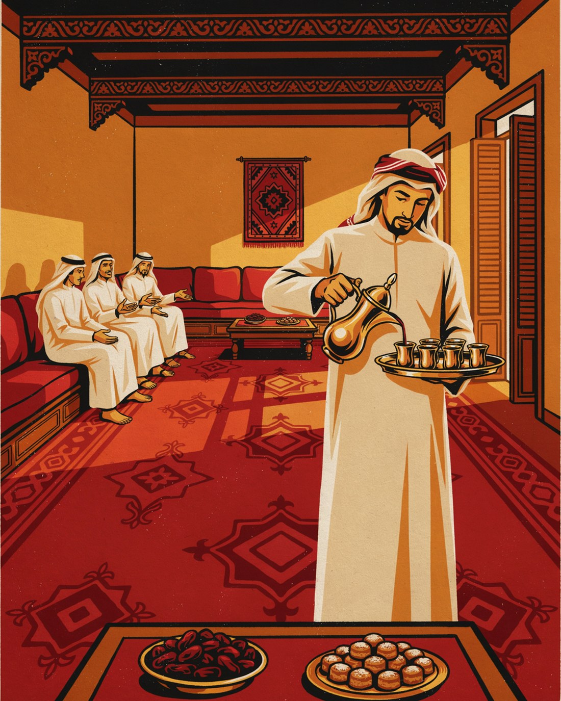 WPA-style illustration of the interior of a Kuwaiti diwaniya, a long reception room with low cushioned benches along the walls and patterned red carpets, several men in white dishdashas seated talking while one stands pouring from a tall brass dallah into small cups on a tray, with dates and sweets on a low table