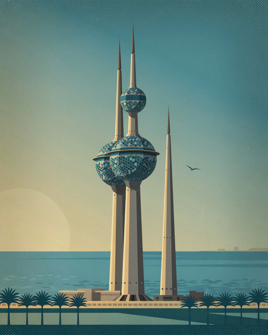 WPA-style illustration of the Kuwait Towers on the Gulf shoreline at golden hour, three tapering spires, the two tallest each pierced by a large sphere clad in thousands of small blue and green enamelled discs, the third a plain needle, with the flat blue Gulf behind and a seafront promenade and palms at the base