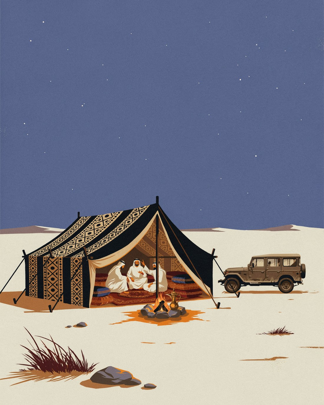 WPA-style illustration of a Kuwaiti winter desert camp at dusk, a large black and cream woven tent pitched on flat pale desert with its front open, layered patterned carpets and cushions inside, a small fire with a brass coffee pot at its edge, a four-wheel drive parked alongside and a wide low horizon under a deep indigo sky with the first stars showing