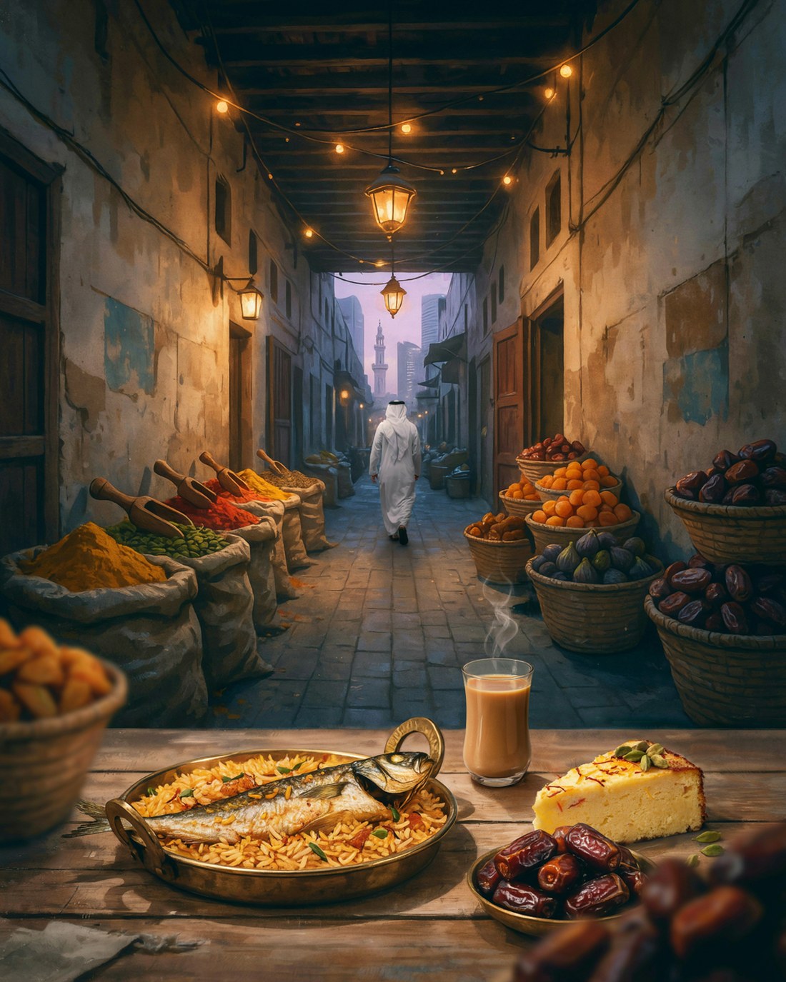 A covered market alley in Souq Mubarakiya, Kuwait City at dusk with exposed wooden beam ceilings, sand-coloured plaster walls, open sacks of spices and baskets of dates and dried fruit along both sides, iron lanterns and string lights overhead, a figure in a white dishdasha walking away down the alley, a slim minaret and the city skyline in violet haze beyond, and a brass platter of machboos with fish, a glass of karak chai, a slice of saffron cake and a bowl of dates on a wooden table in the foreground