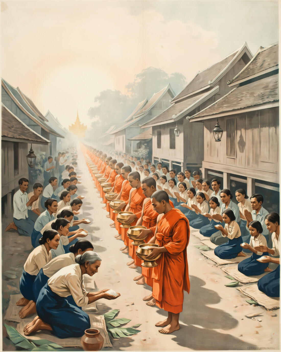 WPA-style illustration of a long line of saffron-robed monks walking barefoot down a misty street at dawn while kneeling townspeople place sticky rice into their alms bowls