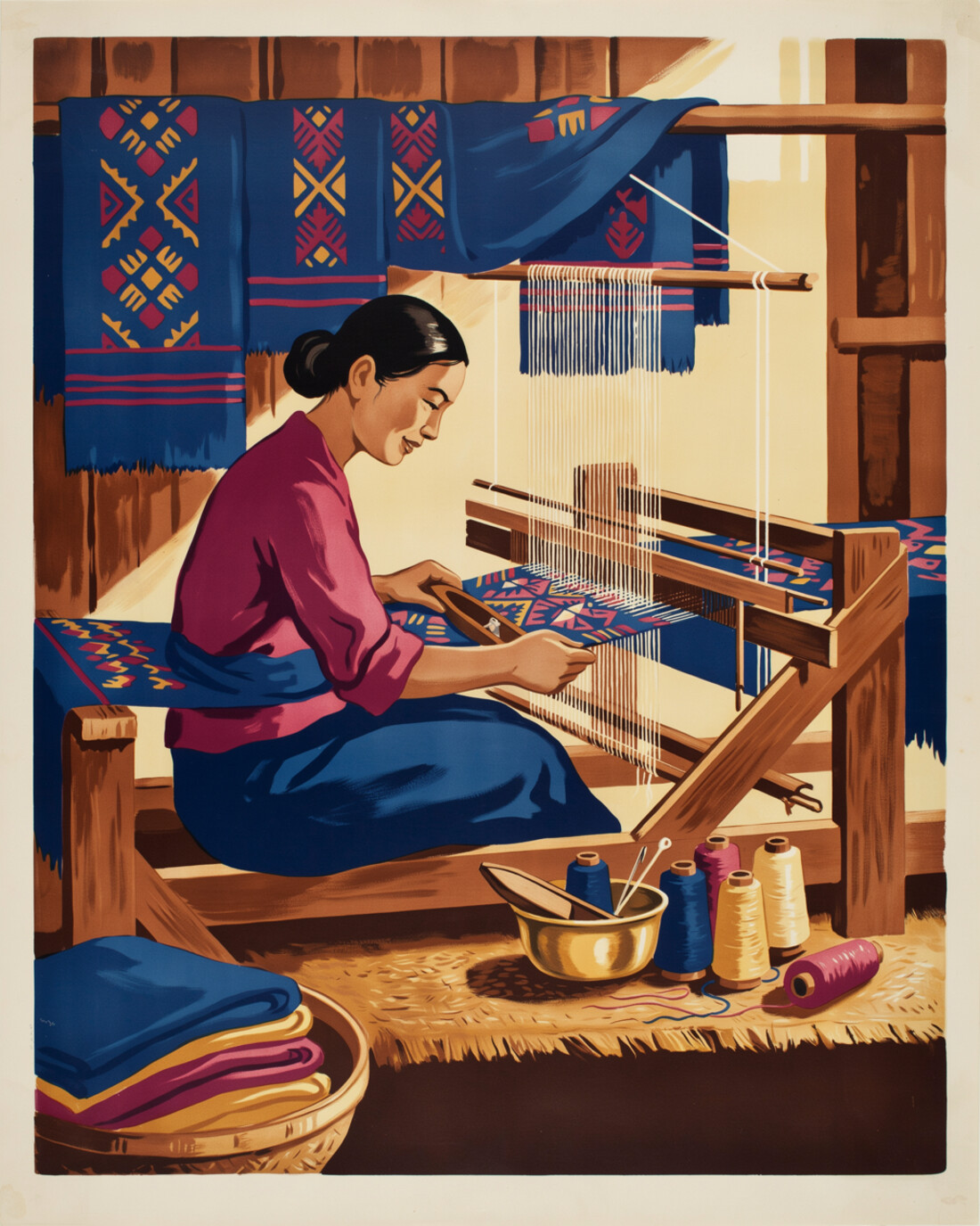 WPA-style illustration of a Lao woman weaving intricate patterned silk at a traditional wooden loom, spools of jewel-toned thread around her