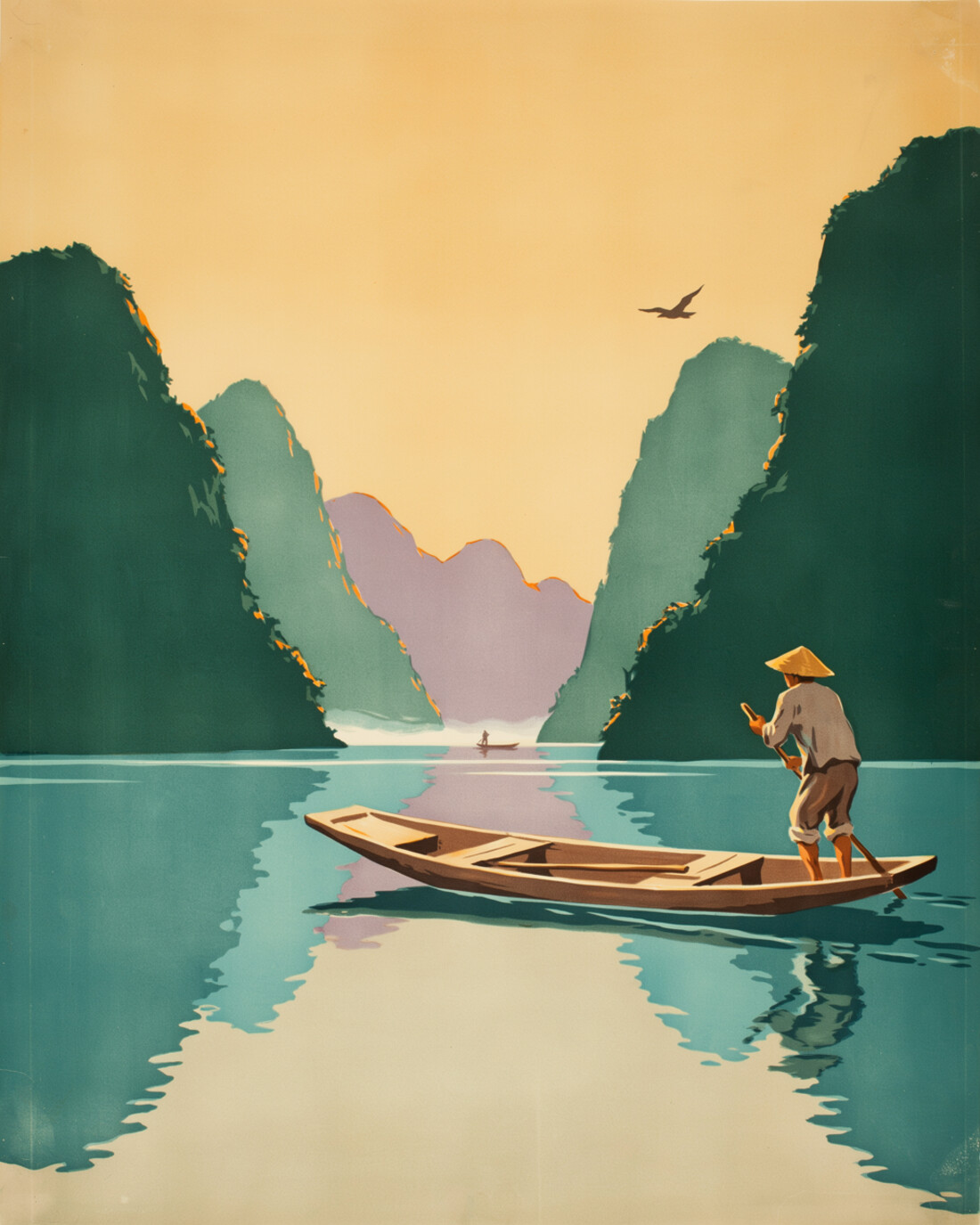 WPA-style illustration of a wooden longboat gliding along a wide river at golden hour among forested limestone karst mountains, a lone boatman at the stern