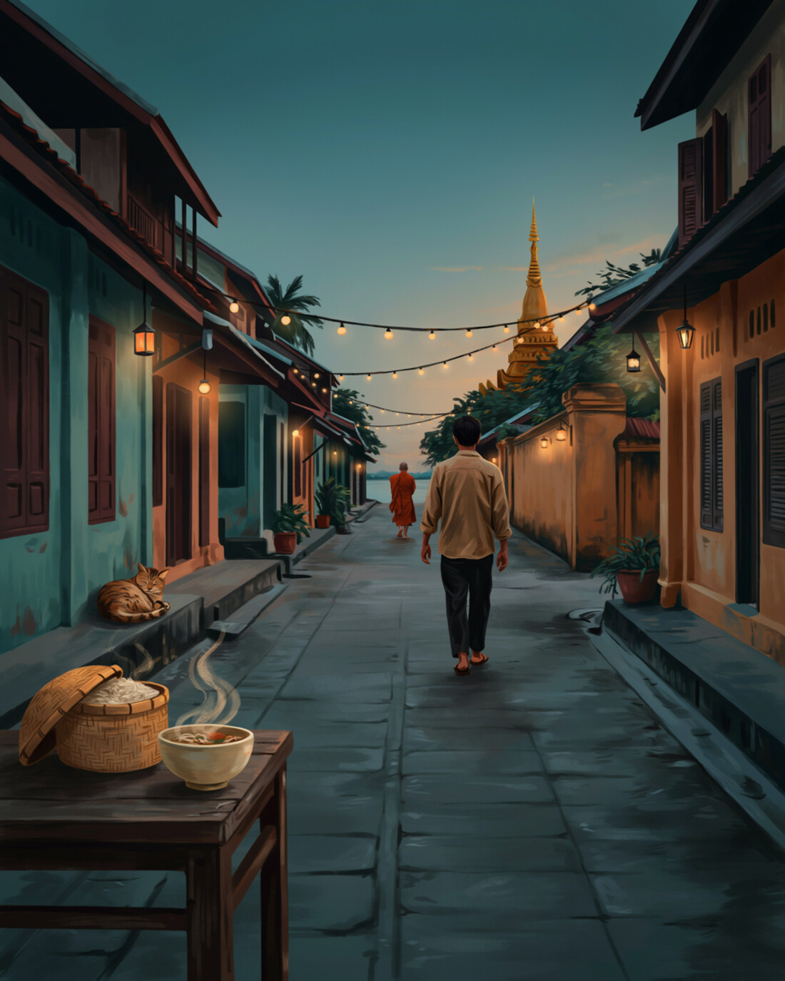 A quiet Luang Prabang street at dusk with French-Lao shophouses, string lights overhead, a golden wat spire nearby and the Mekong beyond, a lone figure walking away, and a woven bamboo sticky-rice basket with a steaming bowl of noodle soup on a wooden table in the foreground