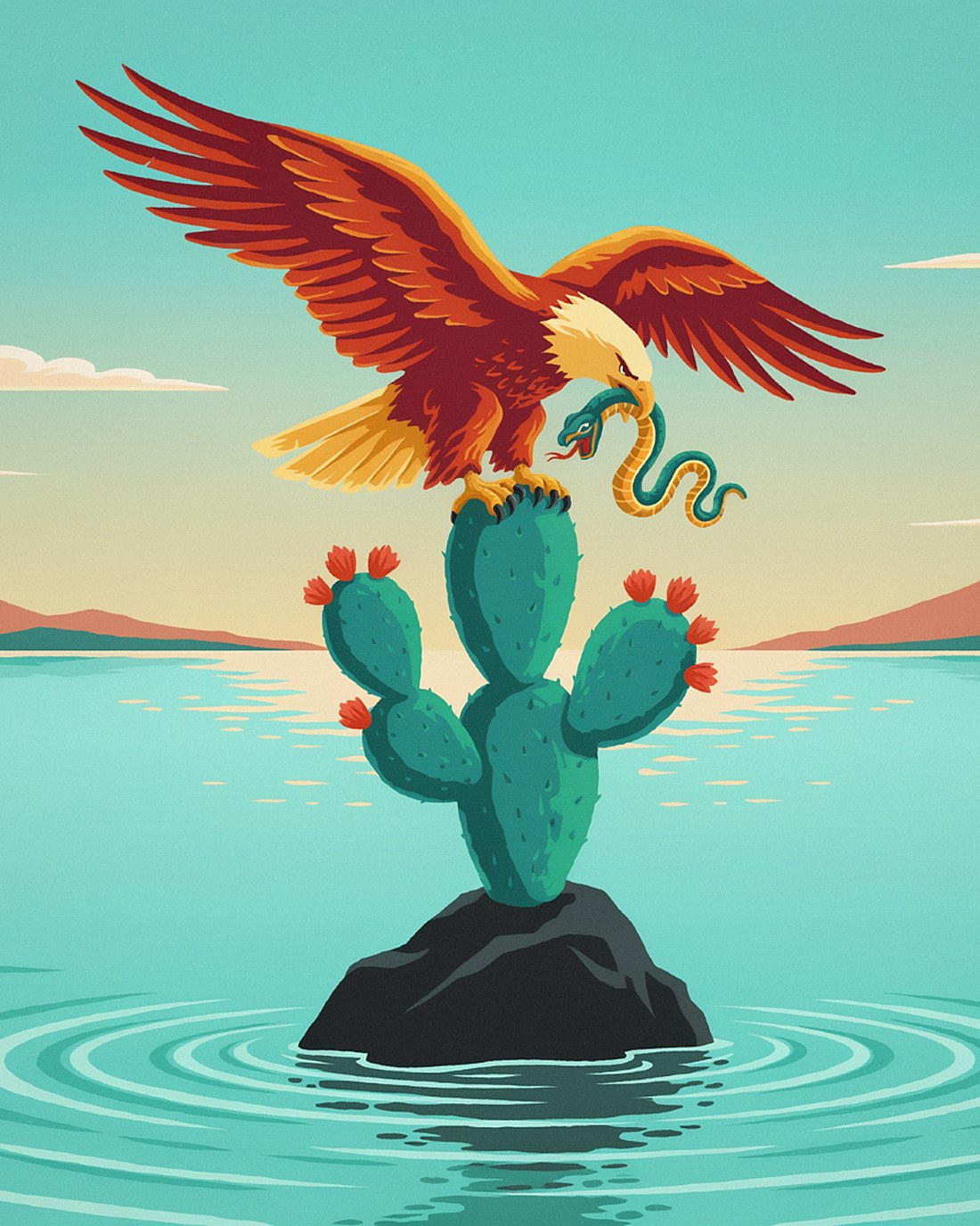 WPA-style illustration of a golden eagle perched on a nopal cactus with a serpent, on a rock in a lake ringed by volcanoes