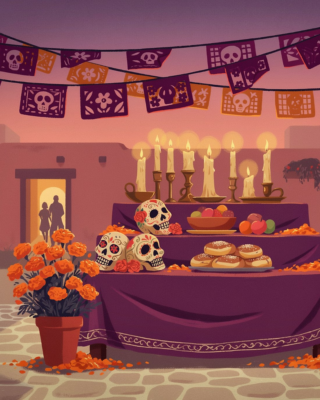 WPA-style illustration of a warm Day of the Dead altar at dusk with marigolds, candles, painted calavera faces and papel picado