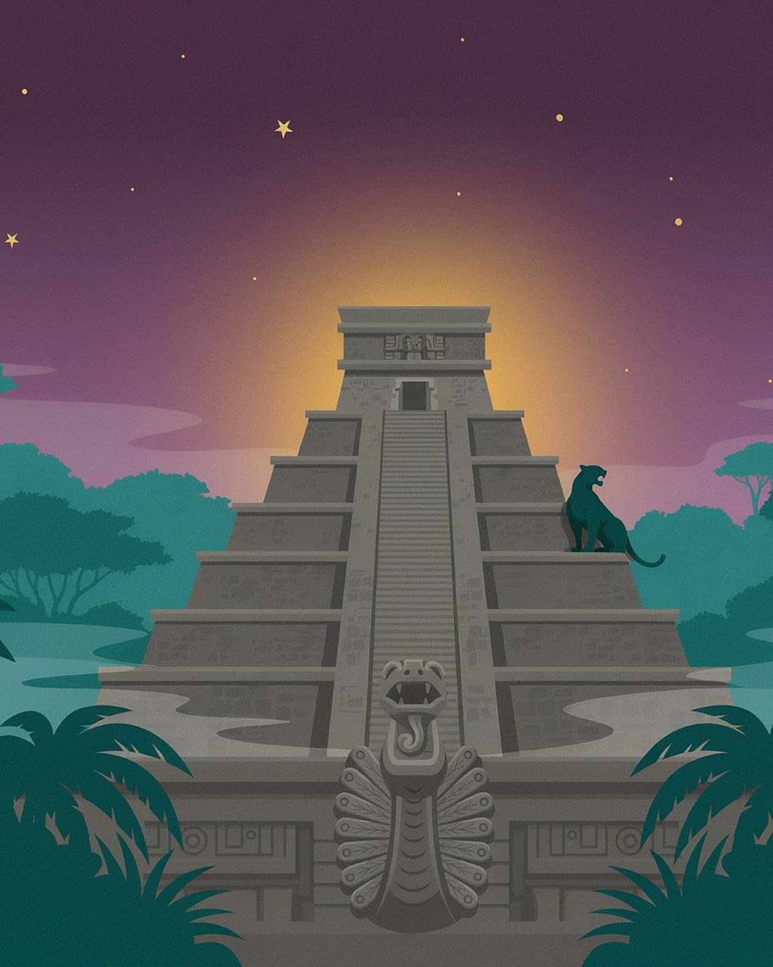 WPA-style illustration of a great stepped Maya pyramid rising from jungle mist at dawn under a violet sky