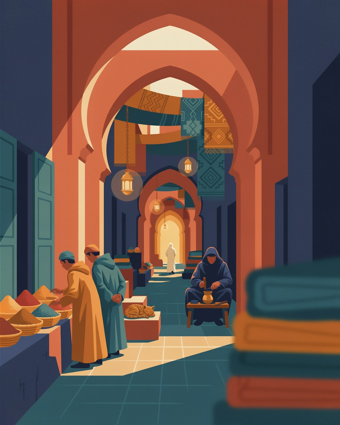 Vintage WPA travel-poster illustration of a Marrakech souk alley at dusk, keyhole archways and hanging carpets and glowing metal lanterns overhead, pyramids of colorful spices in baskets, an artisan pouring from a pot and figures in djellabas browsing, in flat blocks of terracotta, saffron, teal and indigo