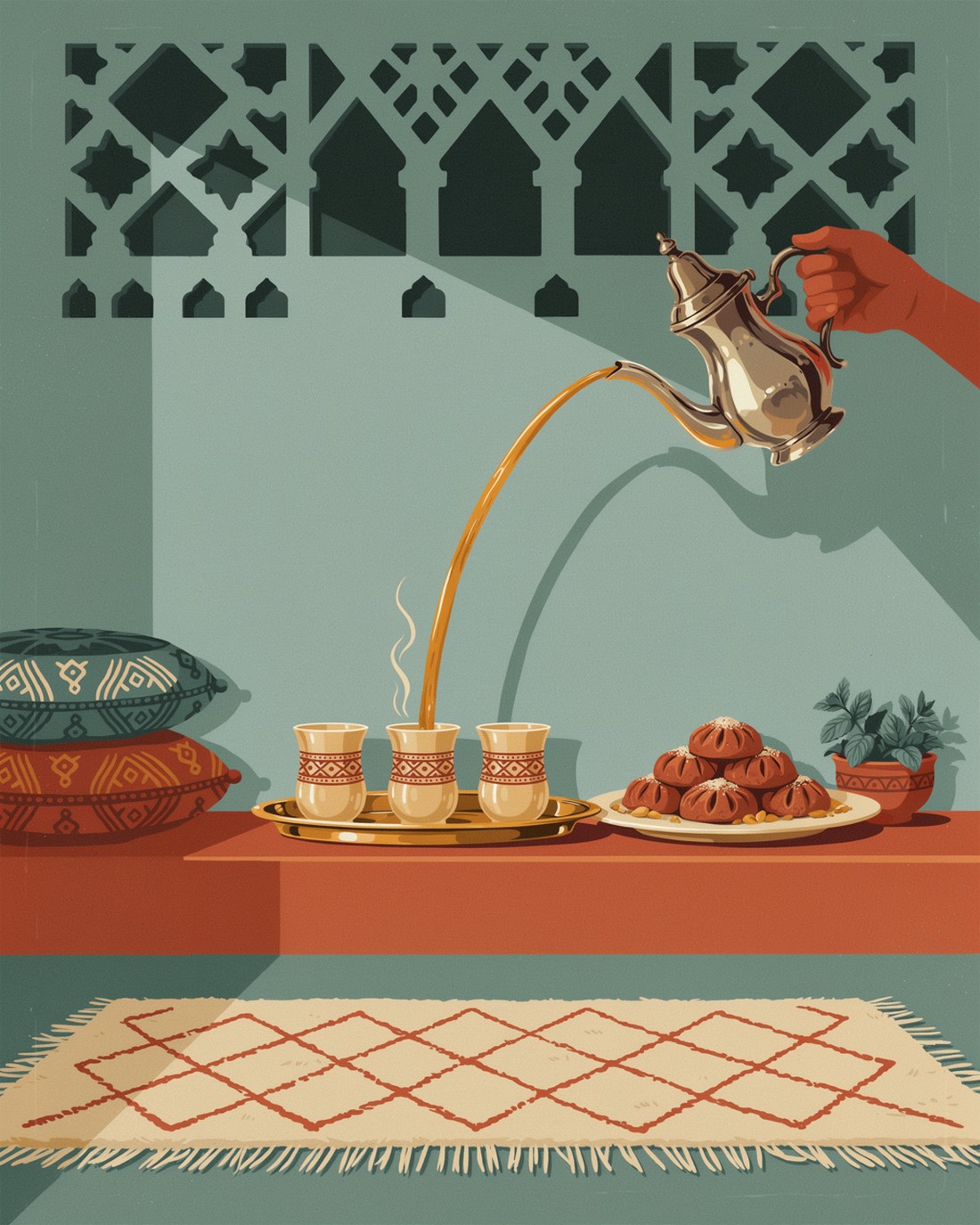 Vintage WPA travel-poster illustration of Moroccan hospitality, a hand pouring golden mint tea in a long high arc from an ornate silver teapot into small decorated glasses on a brass tray, a plate of almond pastries beside it, patterned cushions and a woven rug, in flat blocks of green, gold, terracotta and cream