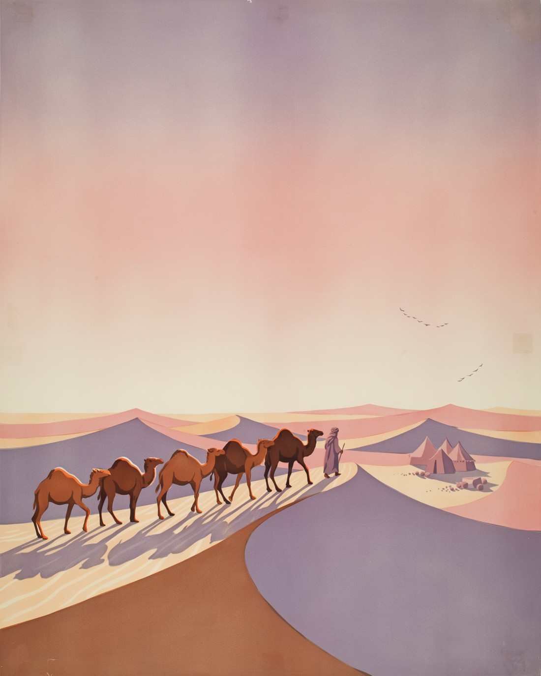 Vintage WPA travel-poster illustration of the Sahara at sunset, a caravan of camels crossing rolling sand dunes casting long shadows, a small cluster of Berber desert tents in the distance, a wide glowing sky in apricot, rose, dusty violet and sand