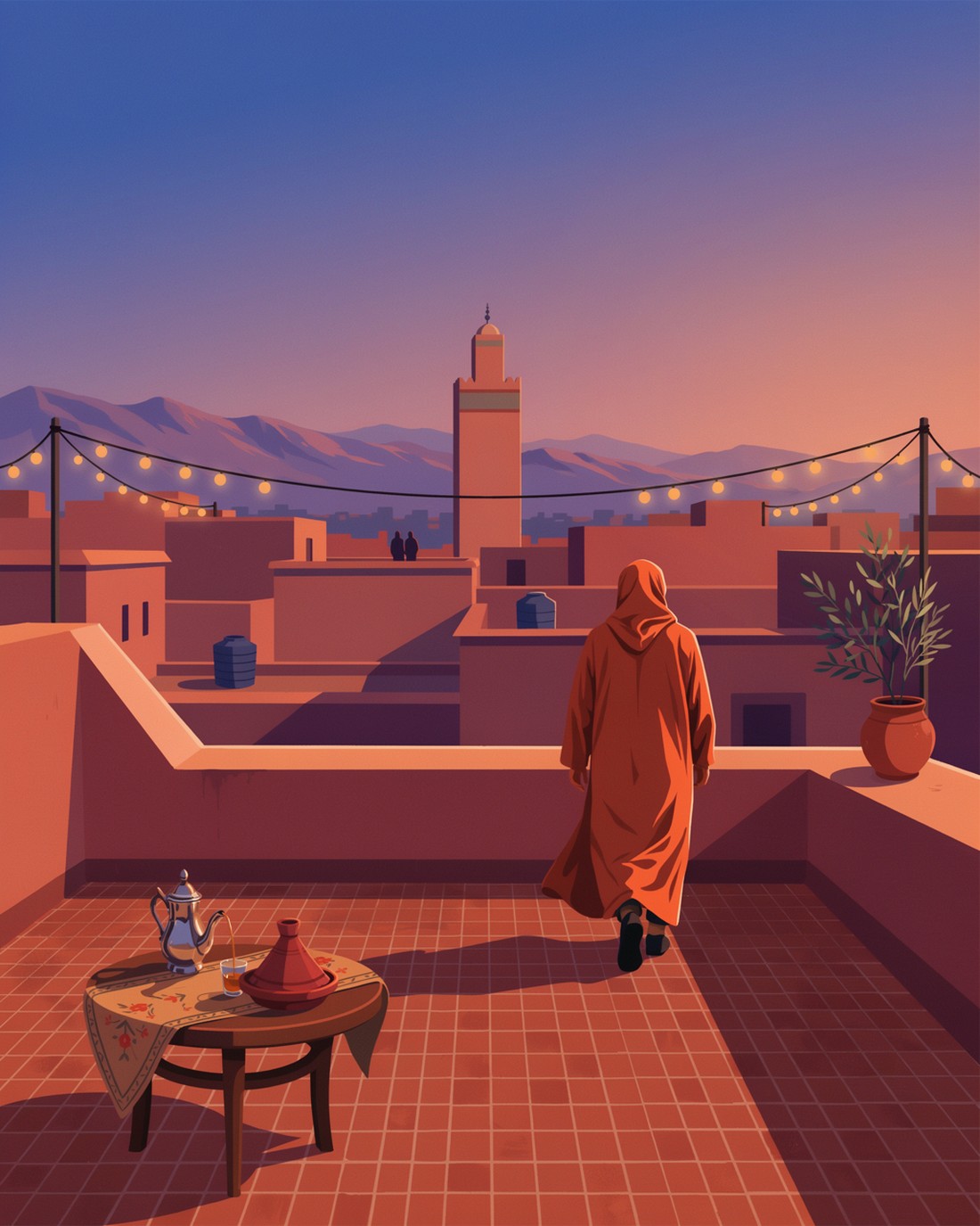 A flat editorial illustration of a Marrakech rooftop terrace at dusk. A lone figure in a flowing terracotta djellaba walks away across warm tiled paving toward a low wall, beyond which the ochre rooftops of the medina, a square minaret and the Atlas Mountains rise in violet silhouette under an amber and blue gradient sky, with strings of small warm lanterns overhead, and in the foreground a round table with a patterned cloth holding a silver teapot pouring mint tea into a glass and a conical tagine dish