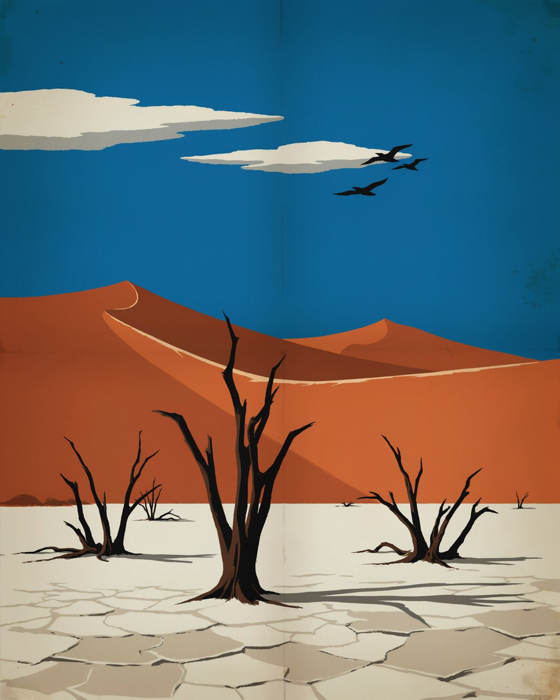 WPA-style illustration of towering red Namib dunes behind the white clay pan of Deadvlei, with stark black dead camelthorn trees, three birds in a deep blue sky, and cracked earth in the foreground