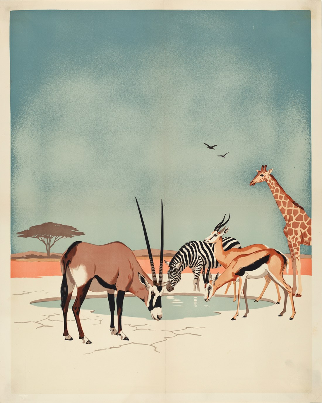 WPA-style illustration of an oryx, a zebra, springbok and a giraffe gathered to drink at a waterhole on a pale plain, a flat-topped acacia and low hills behind under a soft teal sky