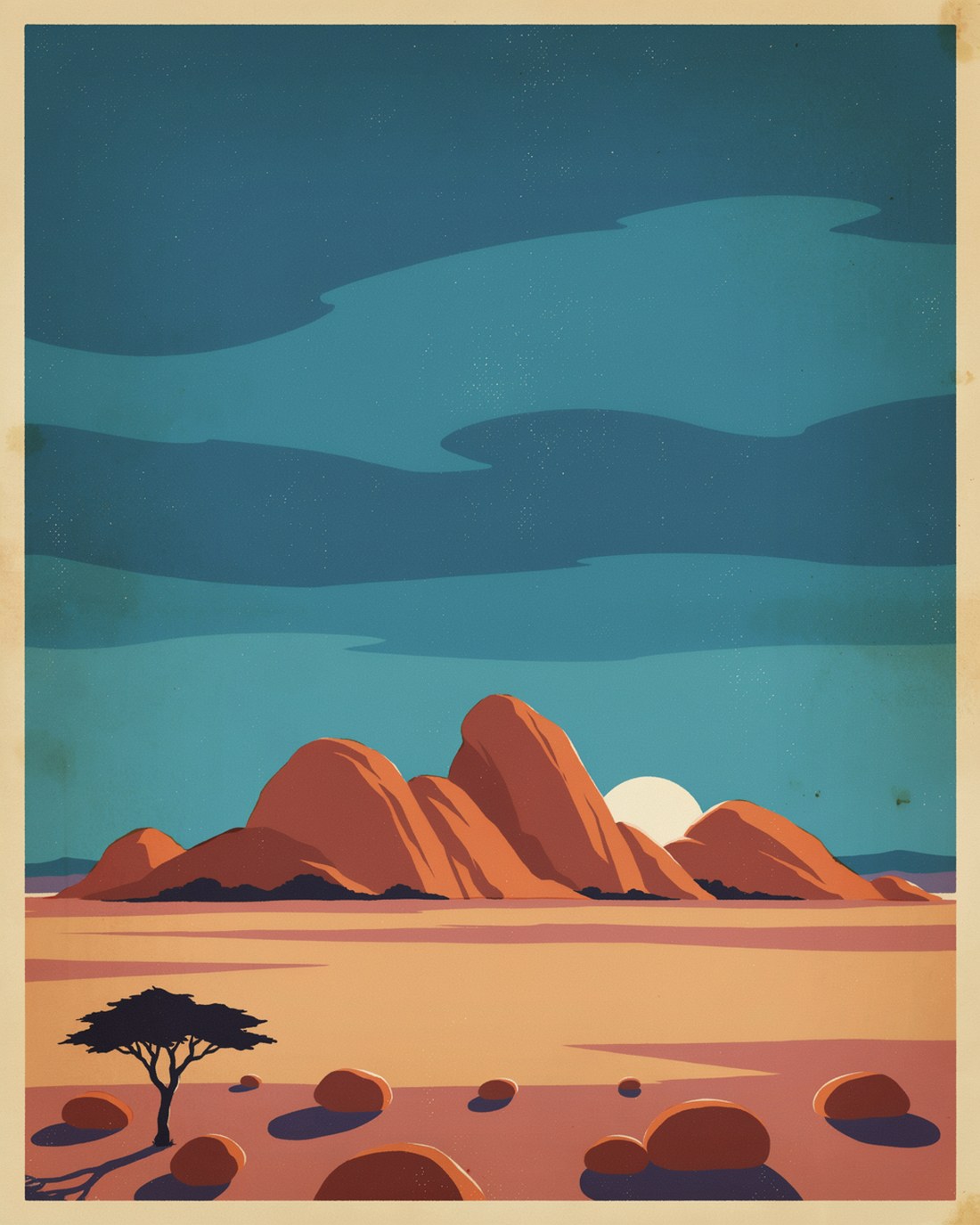 WPA-style illustration of dramatic granite koppies and rounded rock outcrops glowing orange at dusk on a desert plain, a lone acacia tree and scattered boulders in the foreground under a deep teal sky