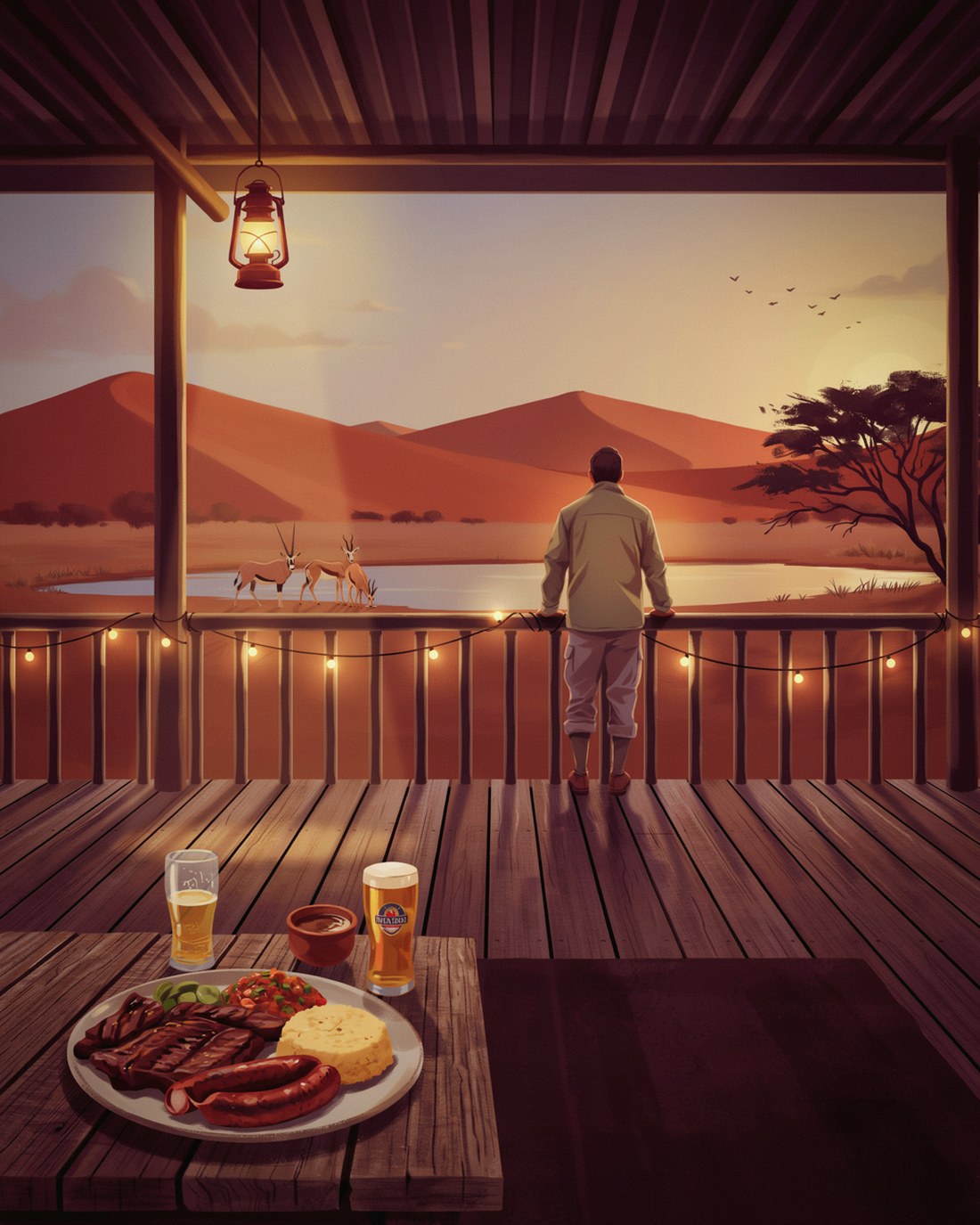 A warm Namibian evening from a lantern-lit safari lodge deck, a lone traveler at the wooden railing looking out over a waterhole where oryx drink, red dunes and an acacia tree beyond under a setting sun, and a plate of grilled meat with a beer on the table in the foreground