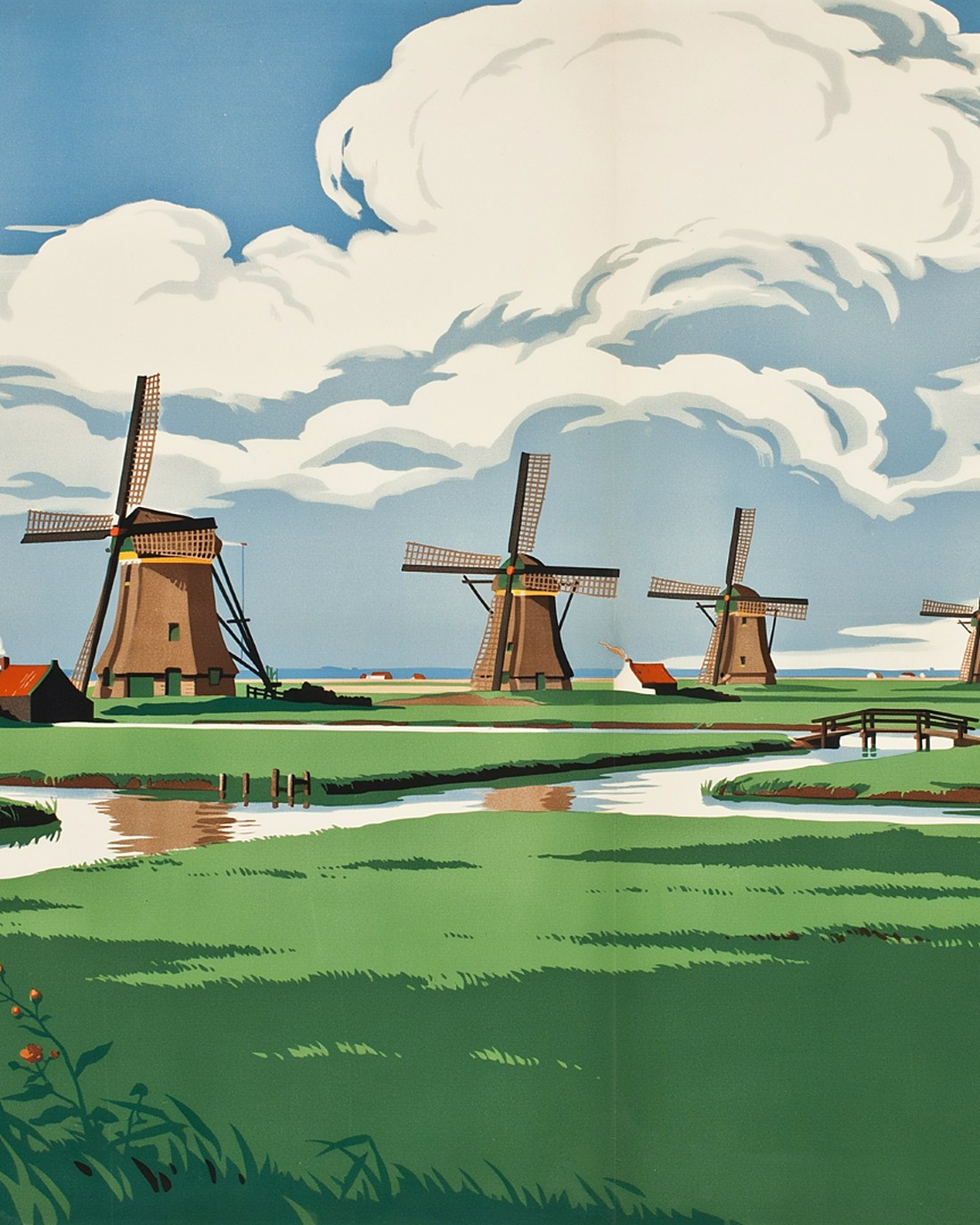 WPA-style illustration of a row of classic Dutch windmills across a flat green polder under an enormous cloudy sky, canals and dikes, cattle in the distance