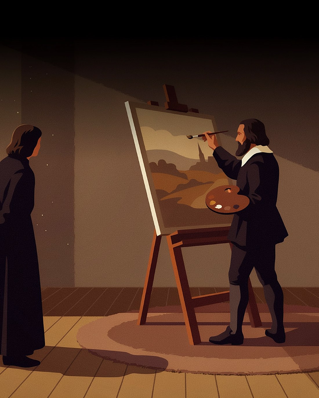 WPA-style illustration of a seventeenth-century Dutch master painting at an easel in a north-lit studio, a globe and a map nearby, a figure by a leaded window