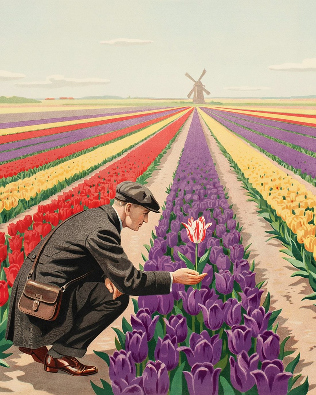 WPA-style illustration of long rows of red, yellow and violet tulips in bloom before a windmill, a merchant crouched admiring one rare bloom, cool spring light